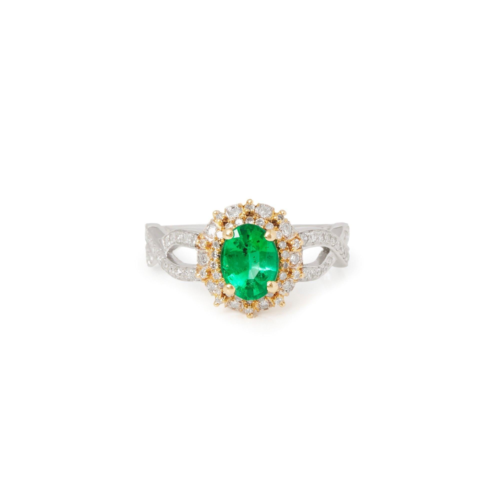 This ring designed by David Jerome is from his private collection and features one oval cut Emerald totalling 1.03cts sourced in Zambia. Set with round brilliant cut Diamonds totalling 0.52cts mounted in an 18k white gold setting. Finger size UK M,