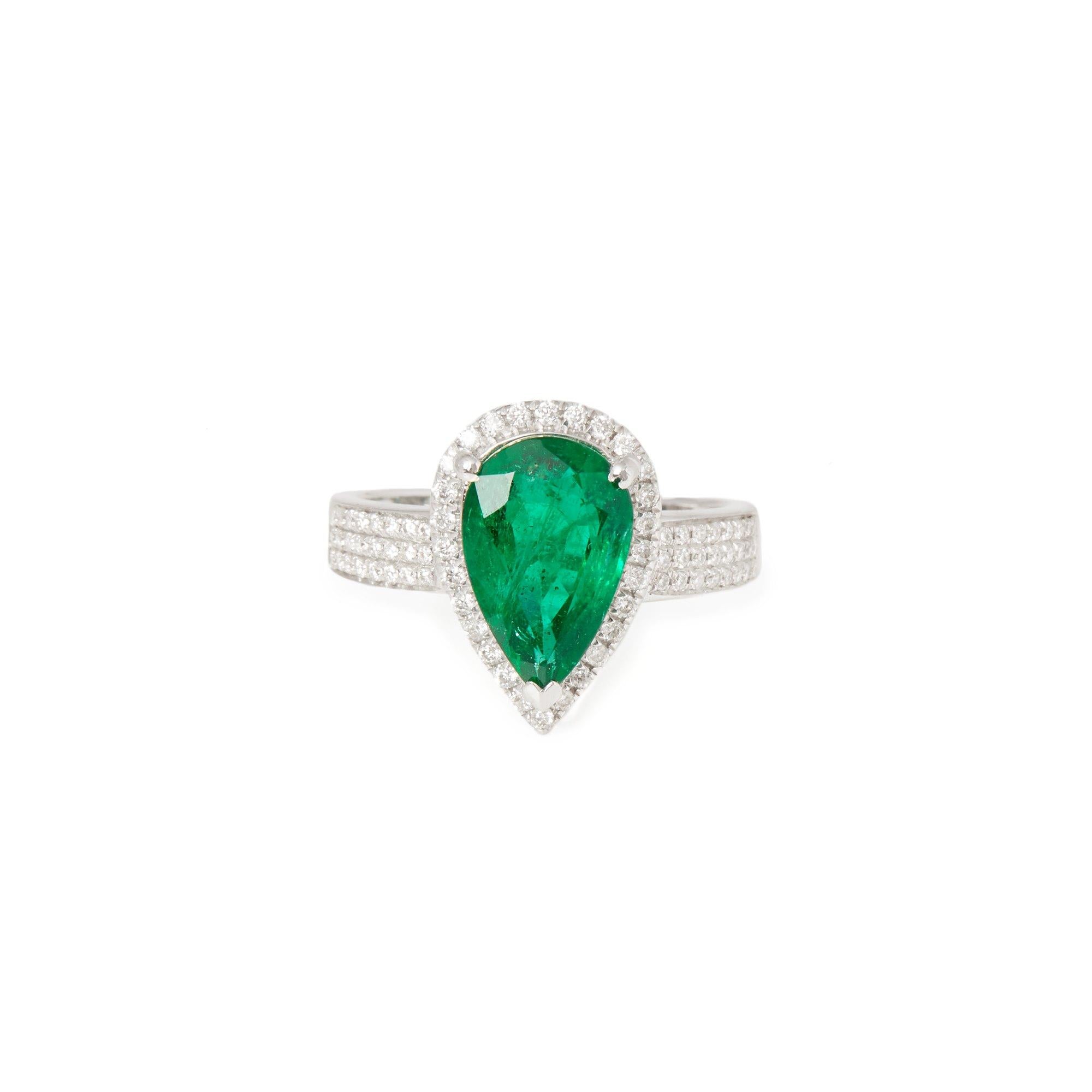 This ring designed by David Jerome is from his private collection and features one pear cut Emerald totalling 3.66cts sourced in Zambia. Set with round brilliant cut Diamonds totalling 0.38cts mounted in an 18k white gold setting. Finger size UK N,