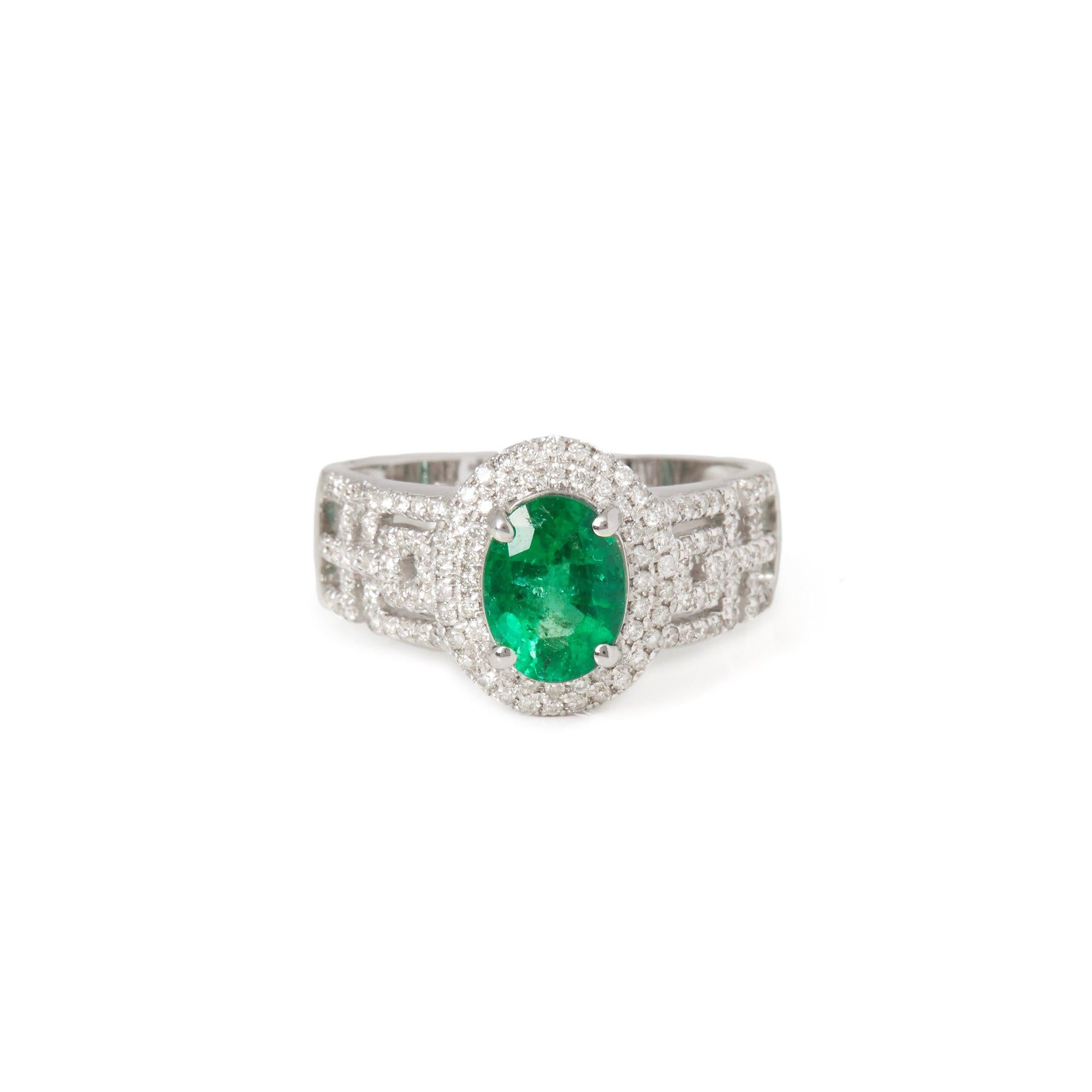 This ring designed by David Jerome is from his private collection and features one oval cut Emerald totalling 1.23cts sourced in Zambia. Set with round brilliant cut Diamonds totalling 0.48cts mounted in an 18k white gold setting. Finger size UK L,