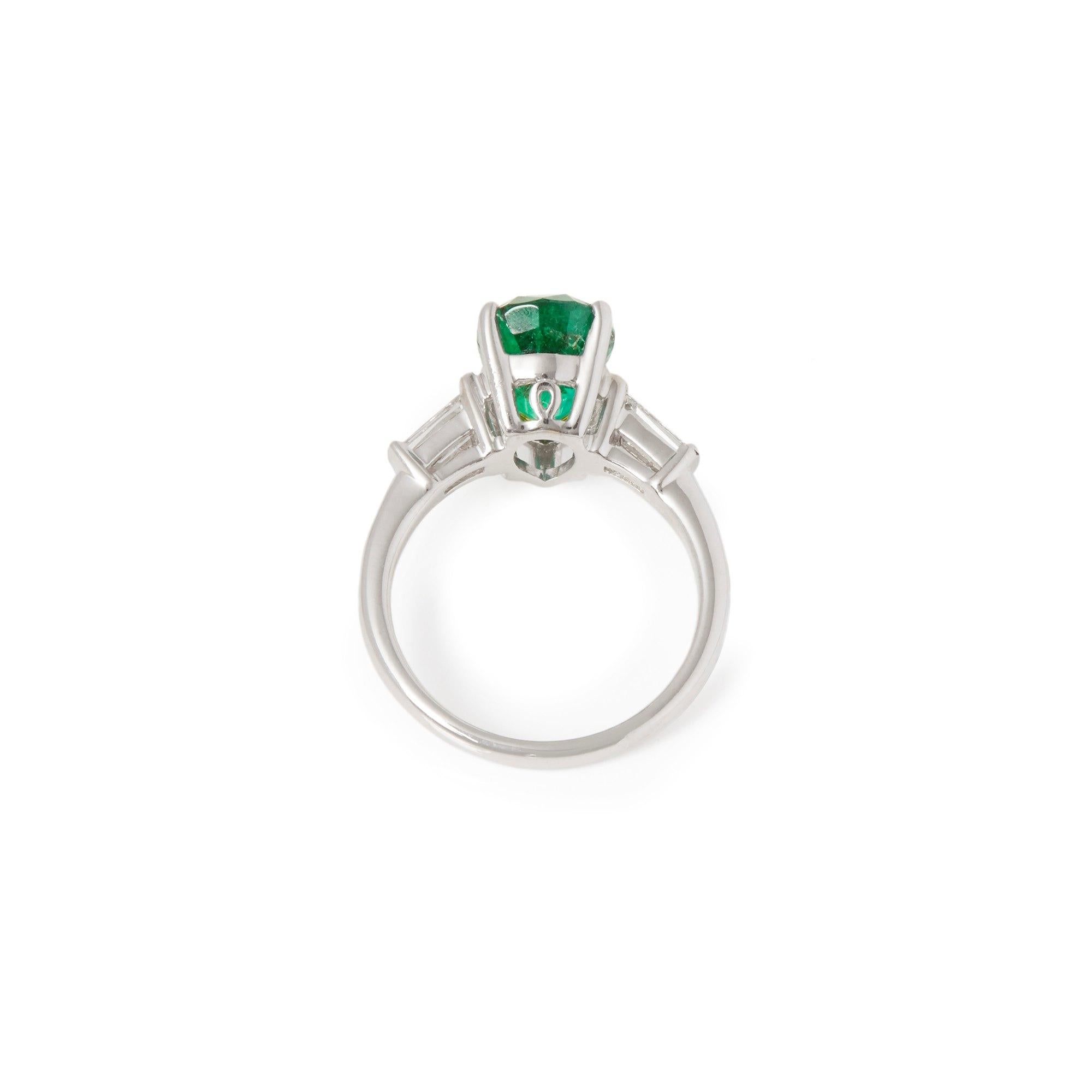 Art Deco Certified 3.45ct Untreated Brazilian Pear Cut Emerald and Diamond 18ct gold Ring For Sale
