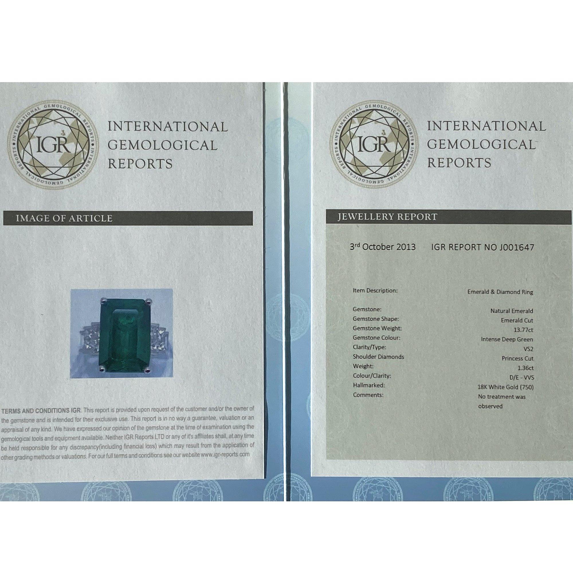 Certified 13.77ct Untreated Zambian Emerald Cut Emerald and Diamond 18ct Gold Ri For Sale 2