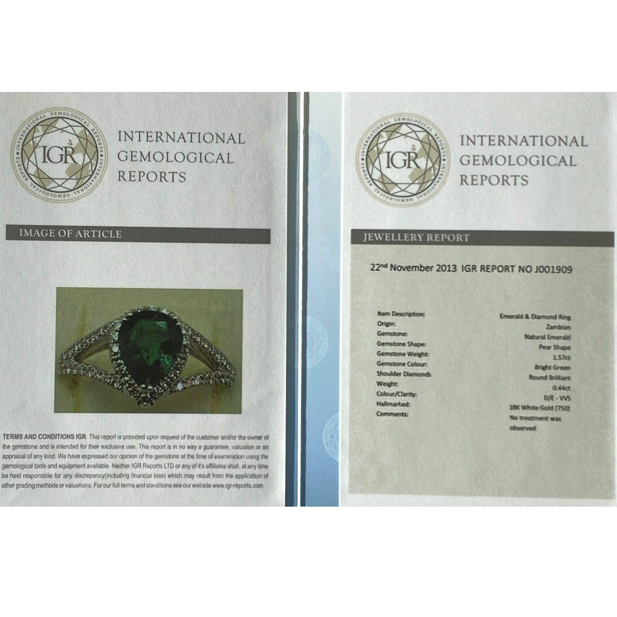 zertifizierter 1,57 Karat unbehandelter Smaragd im Birnenschliff und Diamantring aus 18 Karat Gold im Angebot 1