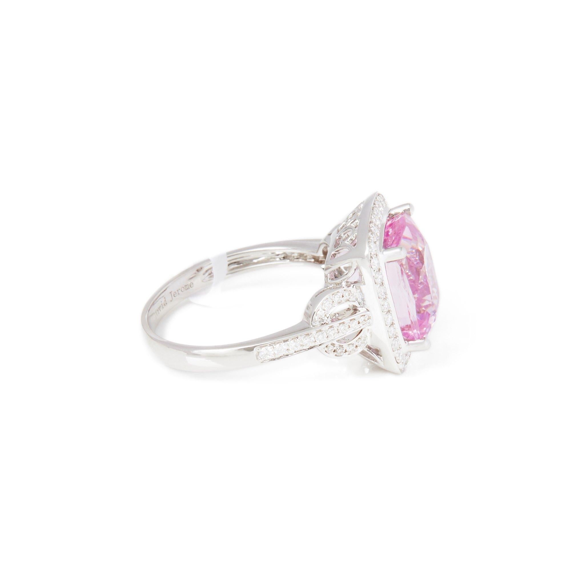 This ring designed by David Jerome is from his private collection and features one cushion cut kunzite totalling 5.69cts sourced in Afghanistan. Set with round brilliant cut Diamonds totalling 0.40cts mounted in an 18k white gold setting. UK finger
