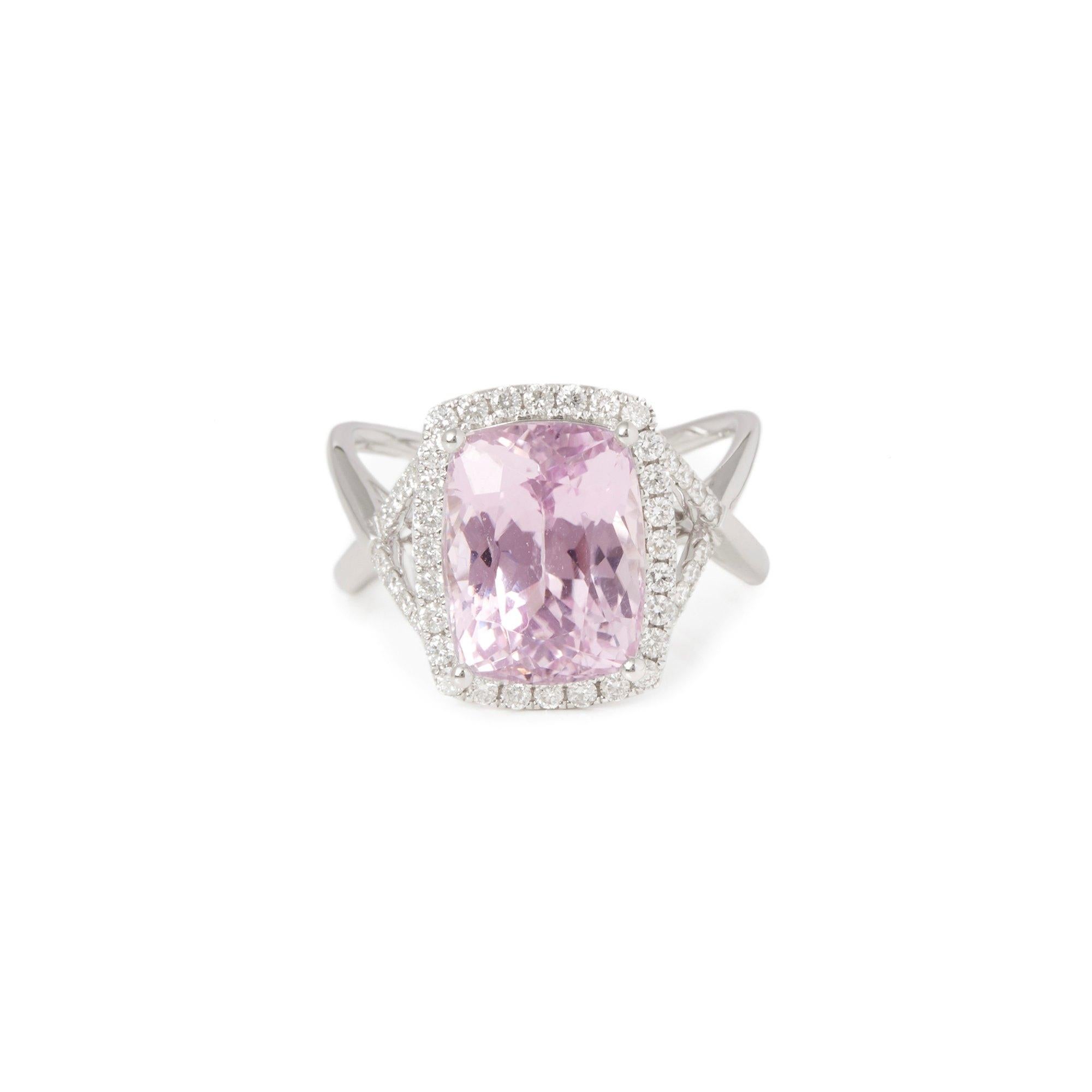 This ring designed by David Jerome is from his private collection and features one natural unheated cushion cut kunzite totalling 6.69cts sourced in Afghanistan. Set with round brilliant cut Diamonds totalling 0.41cts mounted in an 18k white gold