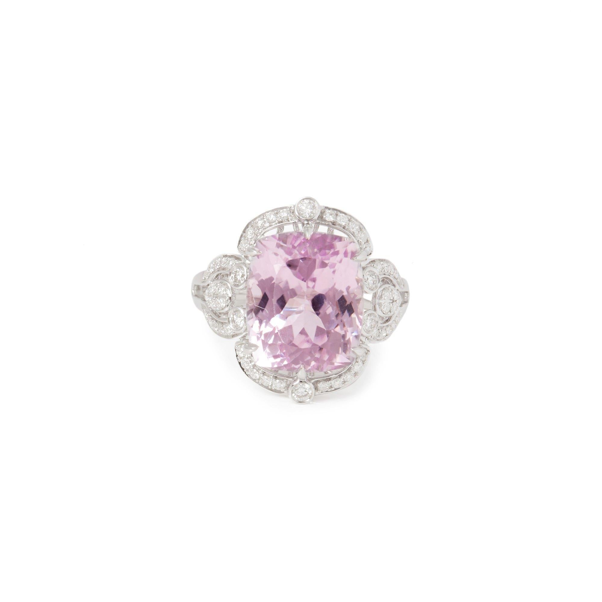 This ring designed by David Jerome is from his private collection and features one natural unheated cushion cut kunzite totalling 9.94cts sourced in Afghanistan. Set with round brilliant cut Diamonds totalling 0.42cts mounted in an 18k white gold