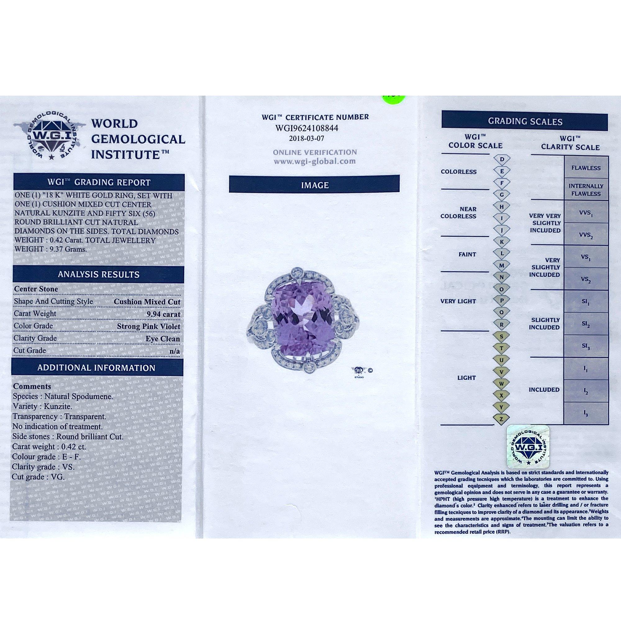Certified 9.94ct Cushion Cut Kunzite and Diamond 18ct gold Ring For Sale 1