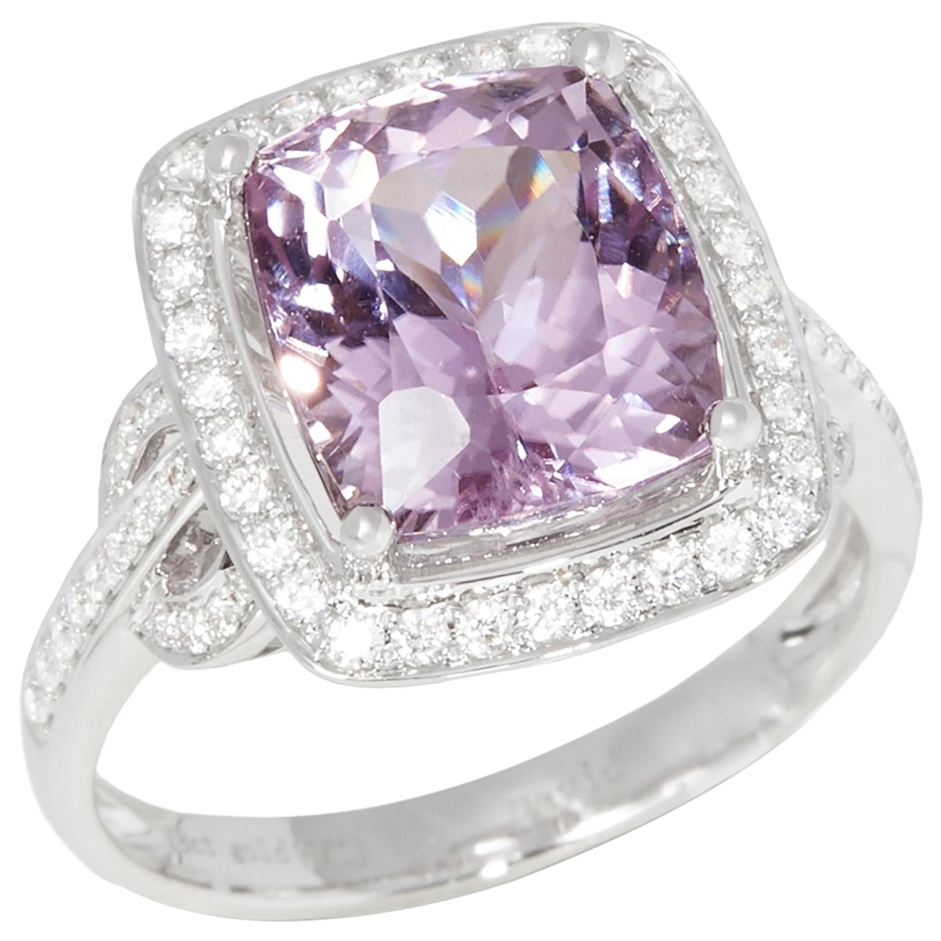 Certified 5.69ct Cushion Cut Kunzite and Diamond 18ct gold Ring For Sale
