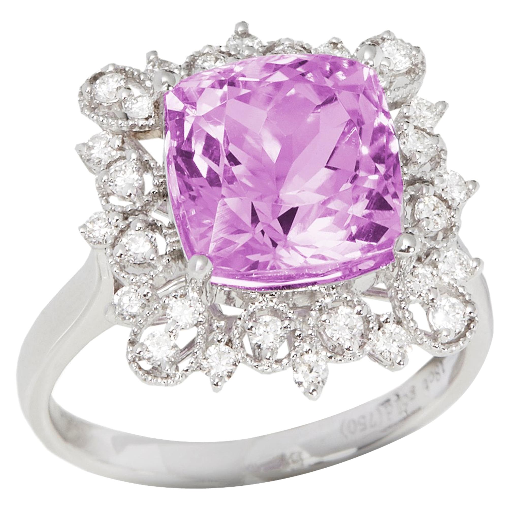 Certified 5.91ct Cushion Cut Kunzite and Diamond 18k gold Ring For Sale