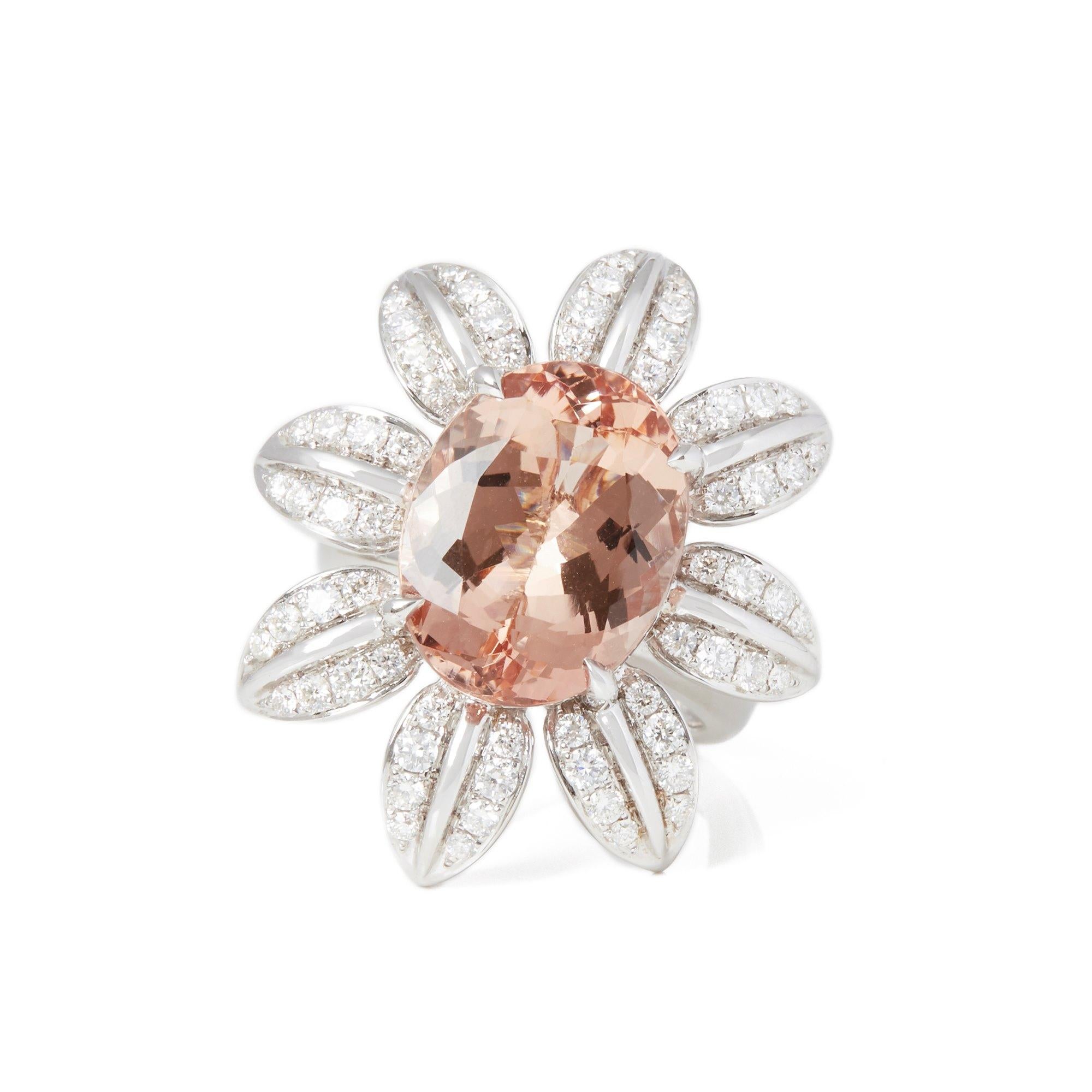 This ring designed by David Jerome is from his private collection and features one oval cut morganite totalling 8.86cts sourced in Brazil. Set with round brilliant cut Diamonds totalling 1.20cts mounted in an 18k white gold setting. Finger size UK