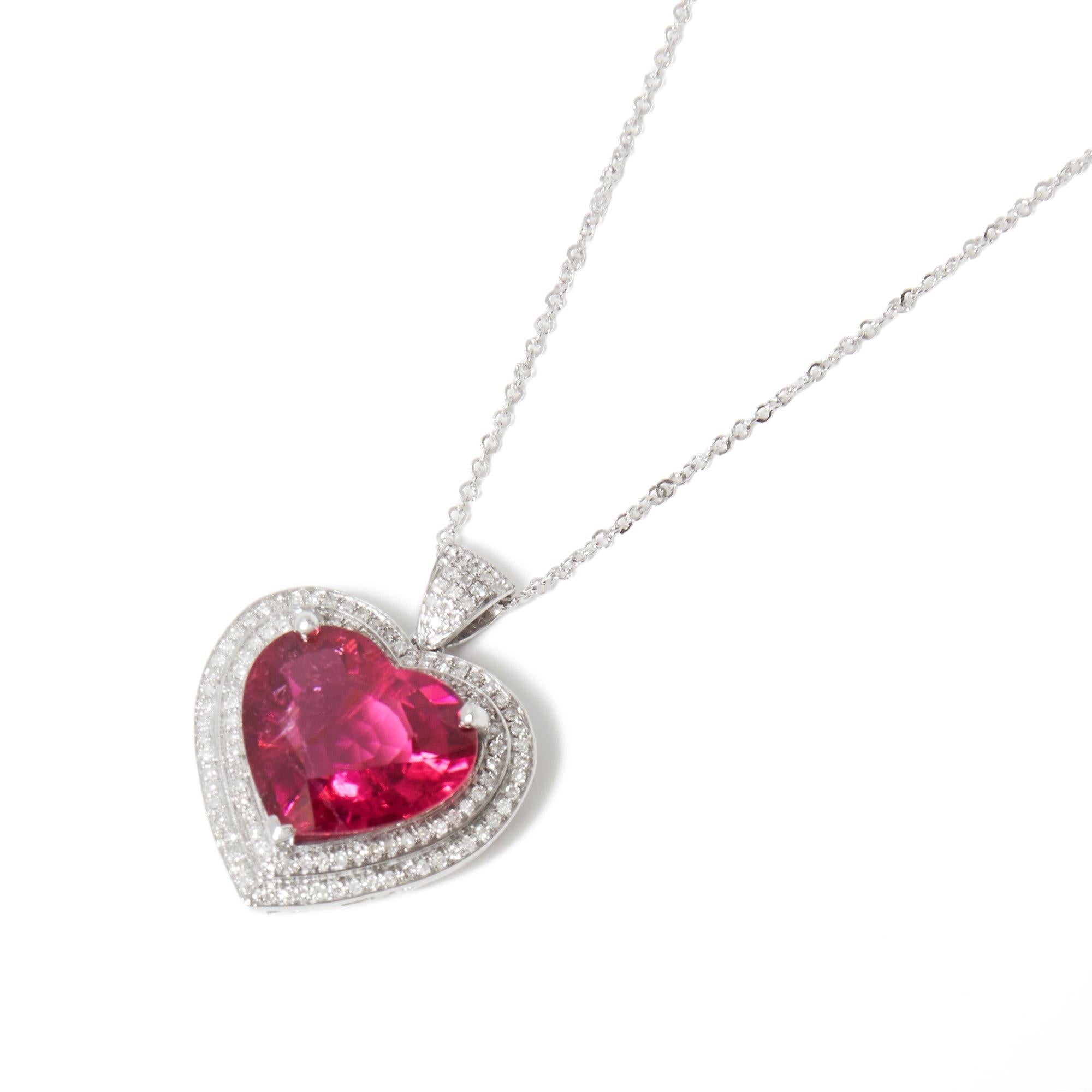 This Pendant Designed by David Jerome is from his Private Collection and features One Heart Cut Rubellite Tourmaline totalling 8.84cts Sourced in Brazil. Set with Round Brilliant Cut Diamonds totalling 0.50cts Mounted in an 18k White Gold Setting
