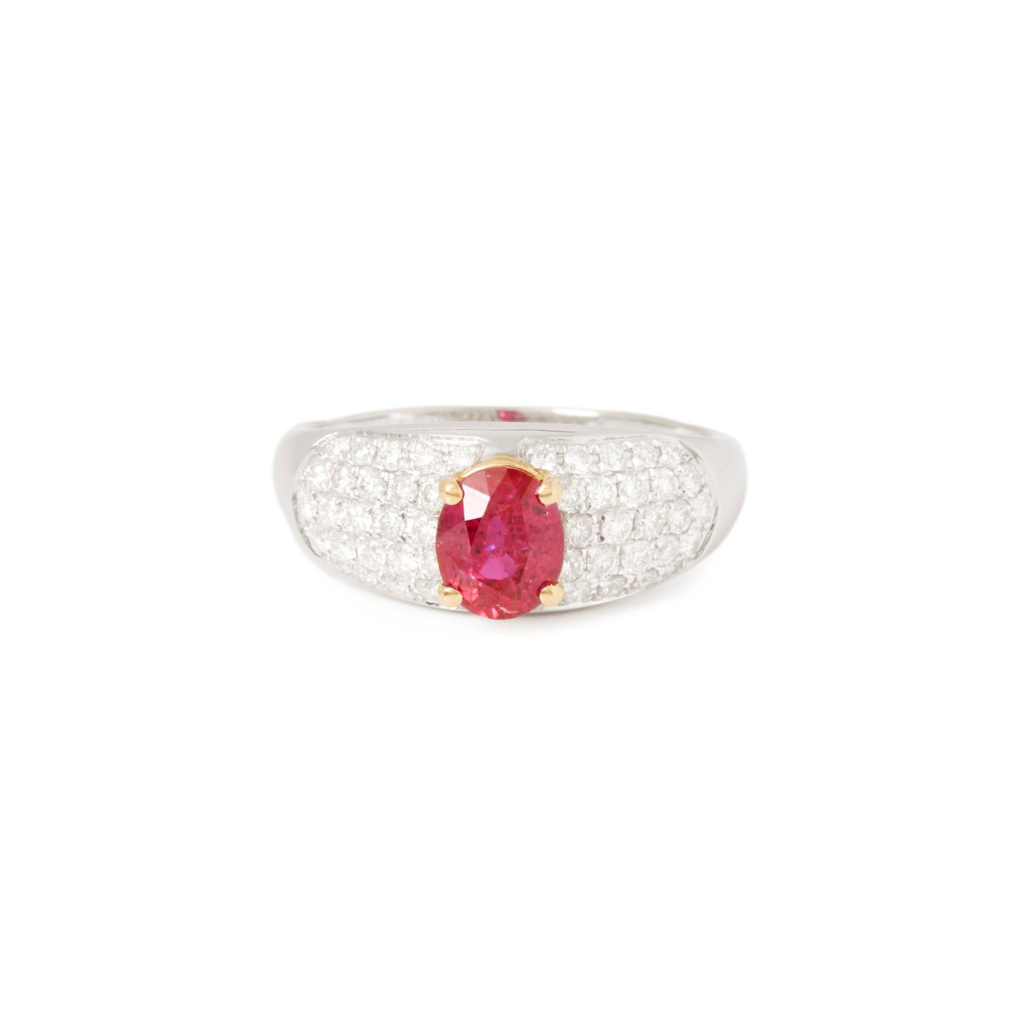 This ring designed by David Jerome is from his private collection and features one oval cut Ruby totalling 1.21cts sourced in Mozambique. Set with round brilliant cut Diamonds totalling 0.63cts mounted in an 18k white gold Setting. UK finger size M