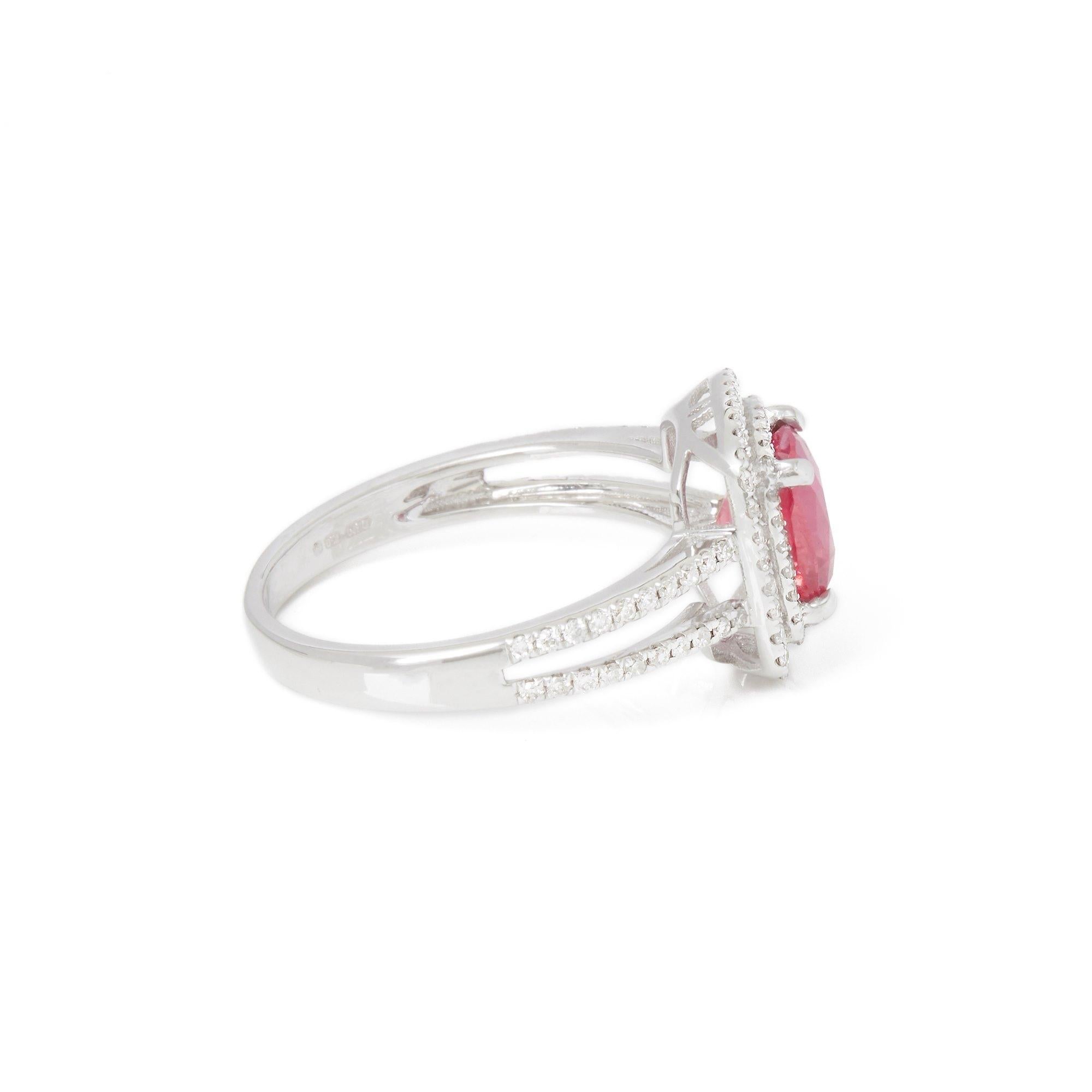 This ring designed by David Jerome is from his private collection and features one unheated natural cushion cut Ruby totalling 1.85cts sourced in Vietnam. Set with round brilliant cut Diamonds totalling 0.40cts mounted in an 18k white gold setting.
