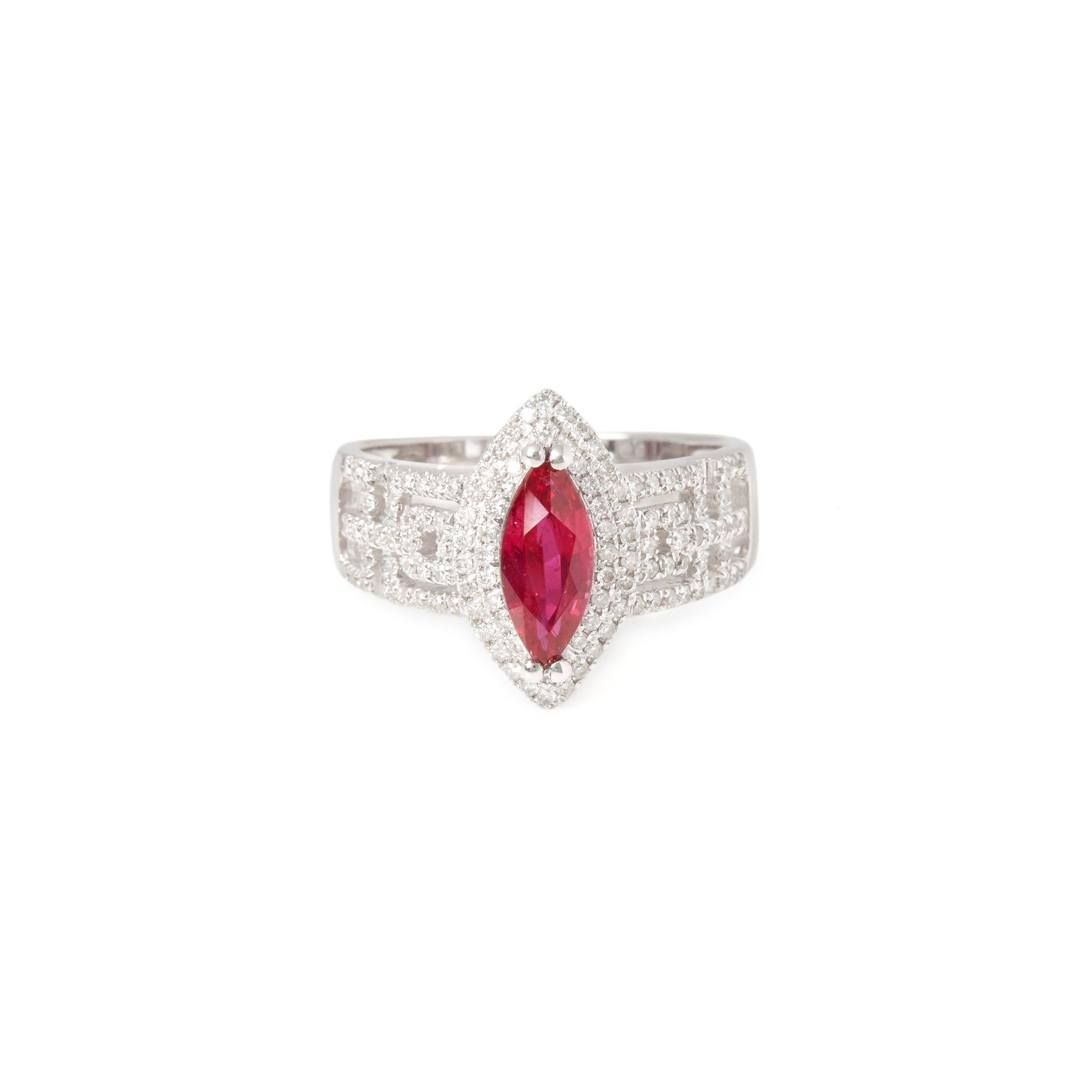 This ring designed by David Jerome is from his private collection and features one natural unheated marquise cut Ruby totalling 1.13cts sourced in Burma. Set with round brilliant cut Diamonds totalling 0.47cts mounted in an 18k white gold setting.