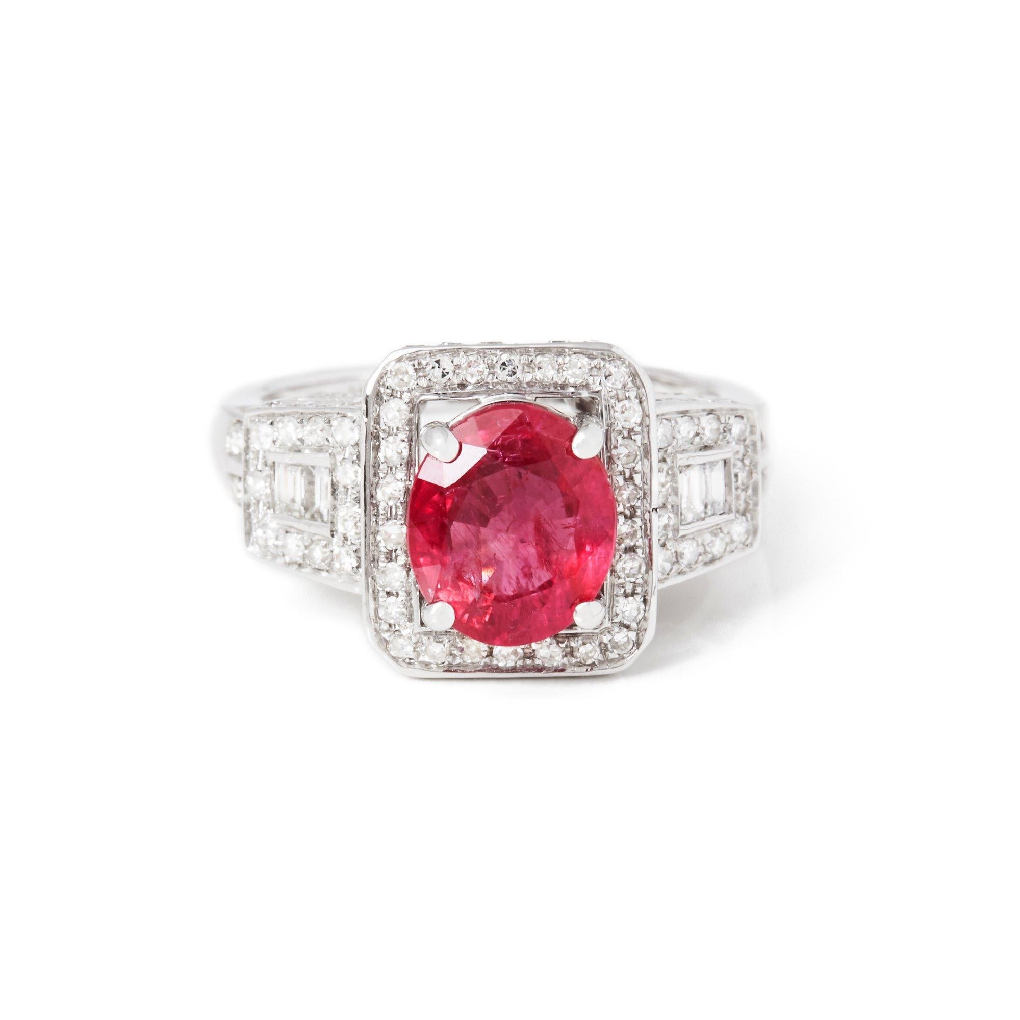 This ring designed by David Jerome is from his private collection and features one natural unheated oval cut Ruby totalling 2.38cts sourced in Vietnam. Set with round brilliant cut Diamonds totalling 1.12cts mounted in an 18k white gold setting.