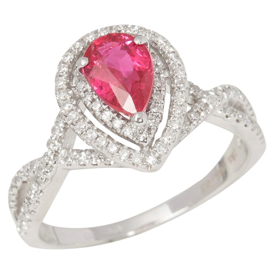 Certified 1.02ct Untreated Burmese Pear Cut Ruby and Diamond 18ct gold Ring For Sale