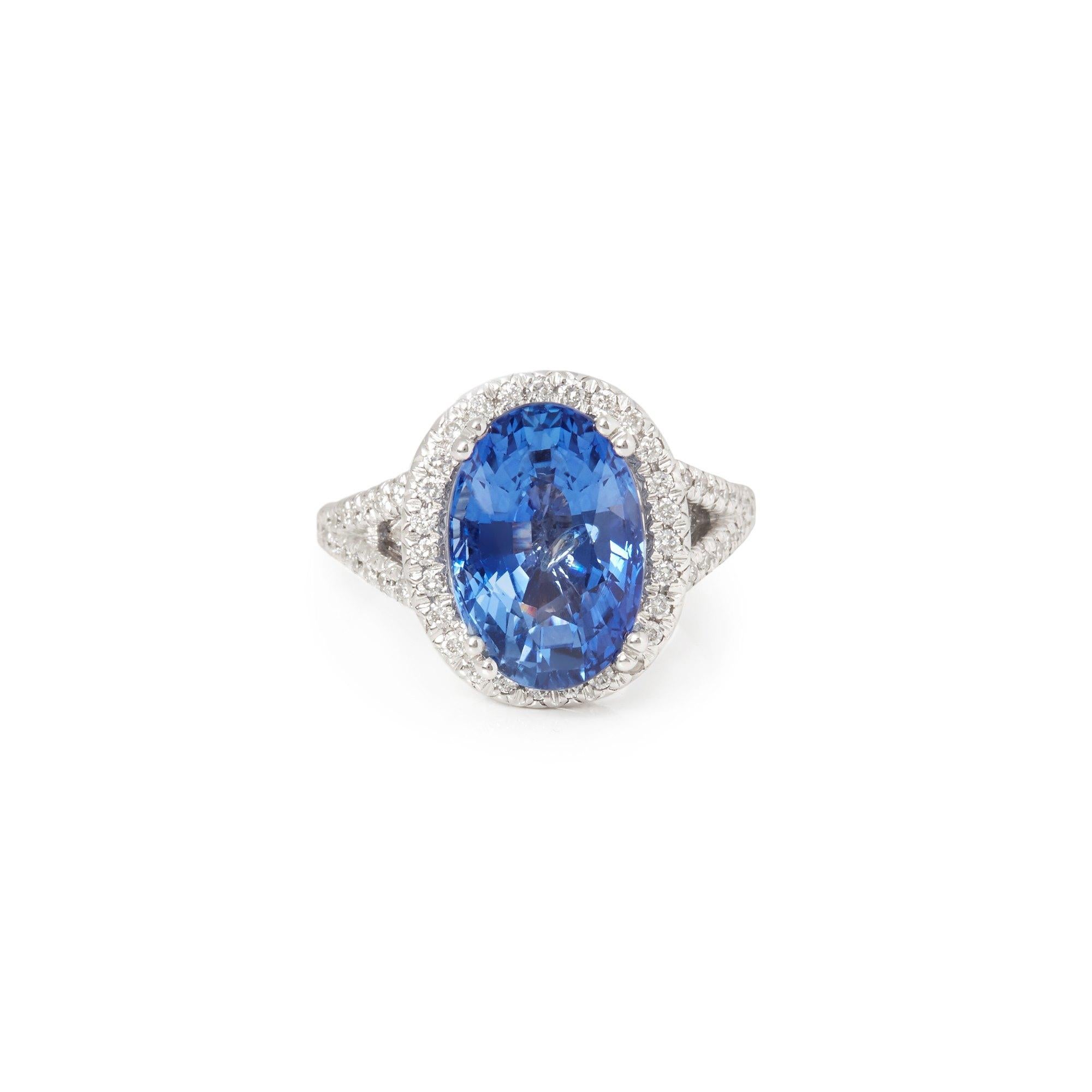 This ring designed by David Jerome is from his private collection and features one oval cut Sapphire sourced in Sri Lanka. Set with round brilliant cut Diamonds mounted in an 18ct white gold setting. UK finger size M, EU size 52, USA size 6