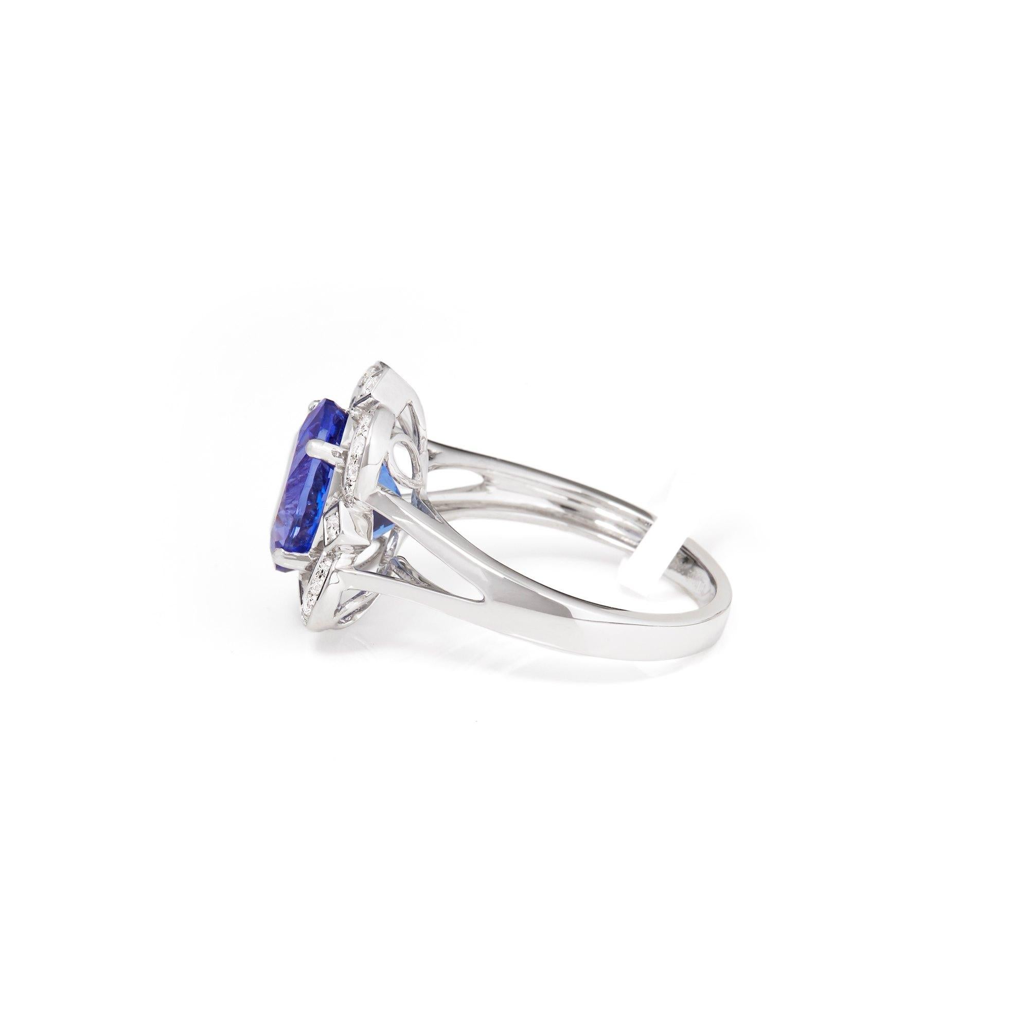 This ring designed by David Jerome is from his private collection and features one oval cut Tanzanite totalling 3.71cts sourced in the D block mine in Tanzina. Set with round brilliant cut Diamonds totalling 0.23cts mounted in an 18k white gold