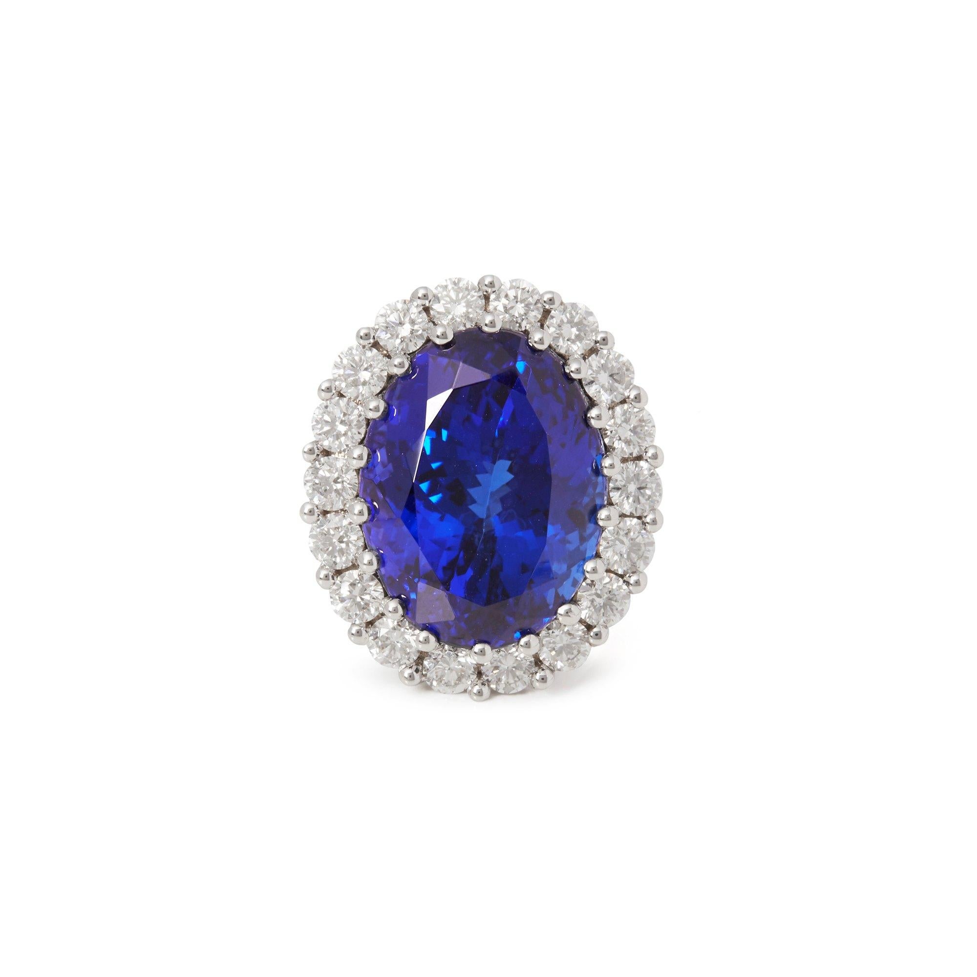 This ring designed by David Jerome is from his private collection and features one oval cut Tanzanite totalling 19.89cts sourced in the D block mine Tanzania. Set with round brilliant cut Diamonds totalling 2.94cts mounted in an 18k white gold