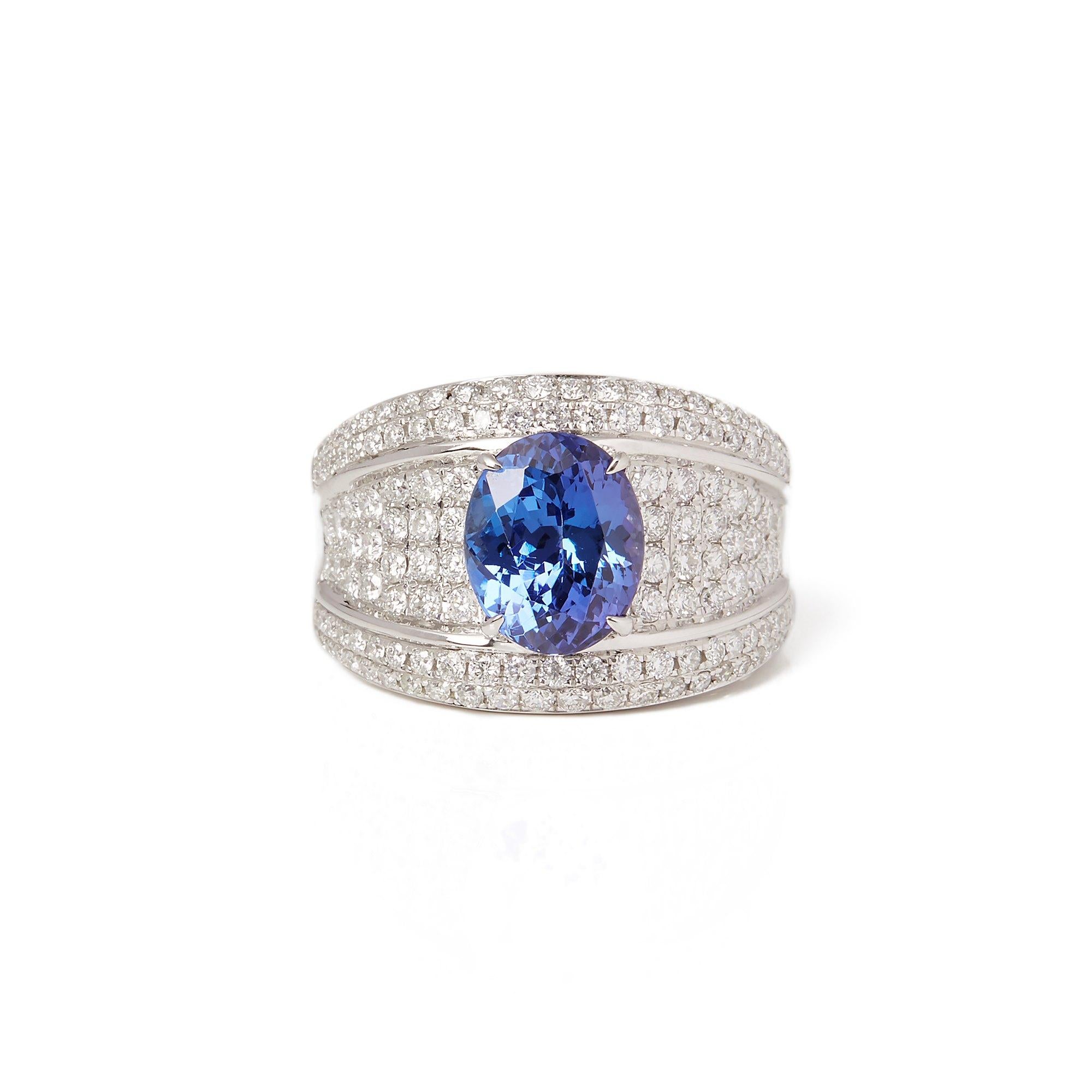 This ring designed by David Jerome is from his private collection and features one oval cut Tanzanite totalling 2.87cts sourced in the D block mine Tanzania. Set with round brilliant cut Diamonds totalling 1.31cts mounted in an 18k white gold