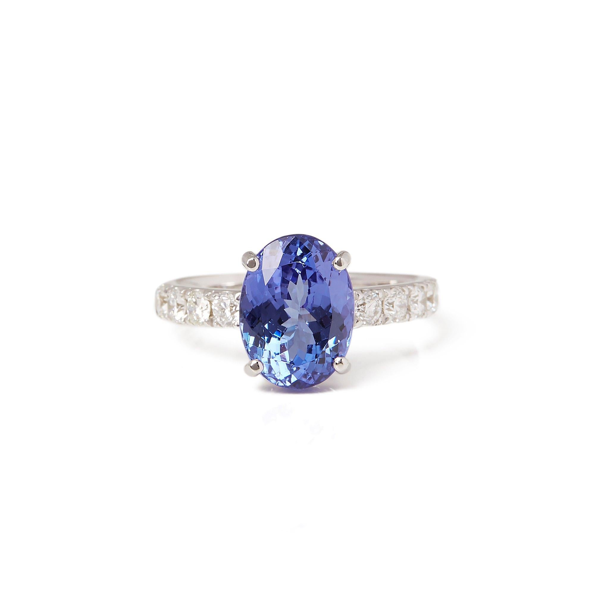 This ring designed by David Jerome is from his private collection and features one oval cut Tanzanite totalling 4.33cts sourced in the D block mine Tanzania. Set with round brilliant but Diamonds totalling 0.53cts mounted in an 18k white gold