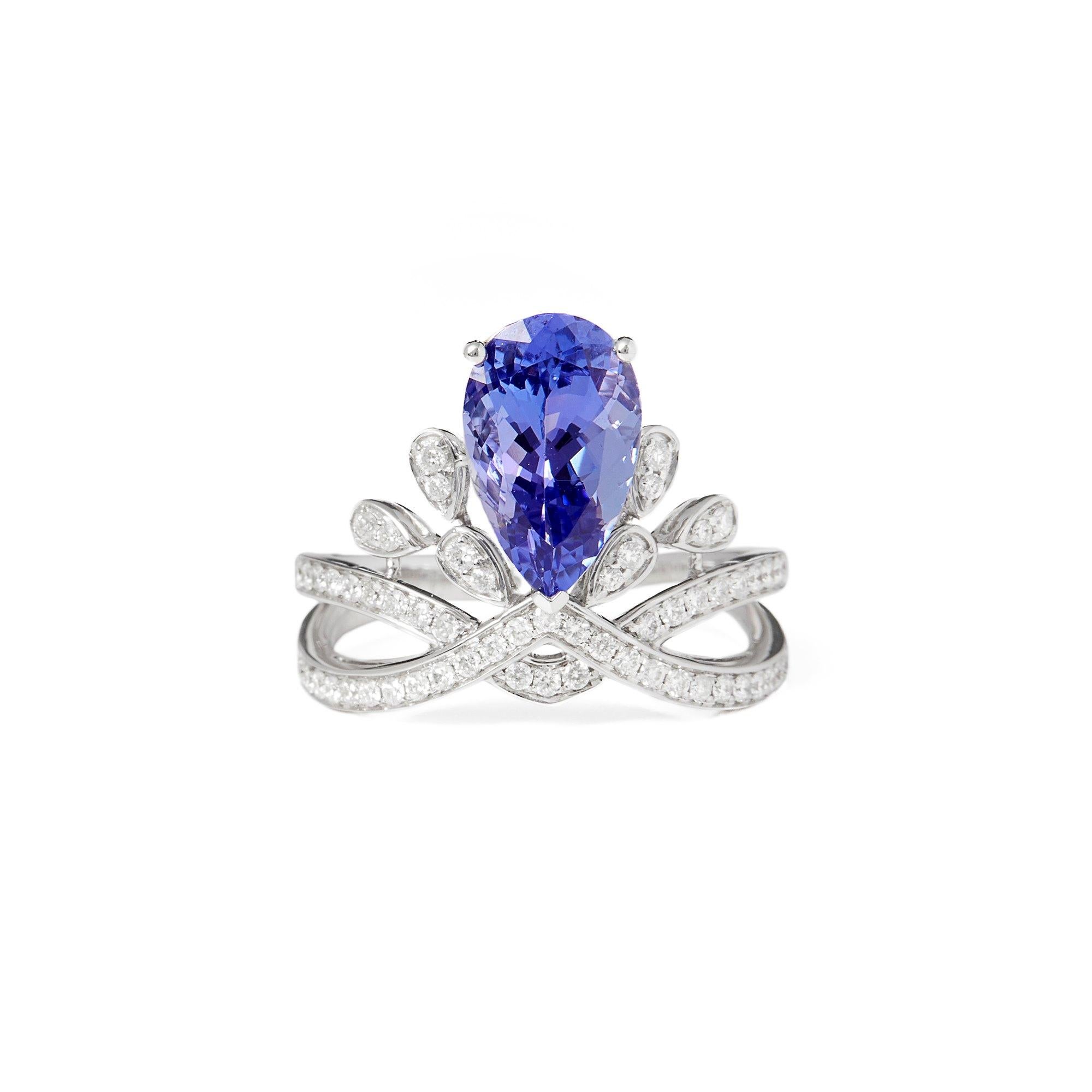 This ring designed by David Jerome is from his private collection and features one pear cut Tanzanite totalling 2.70cts sourced in the D block mine Tanzania. Set with round brilliant cut Diamonds totalling 0.36cts mounted in an 18k white gold