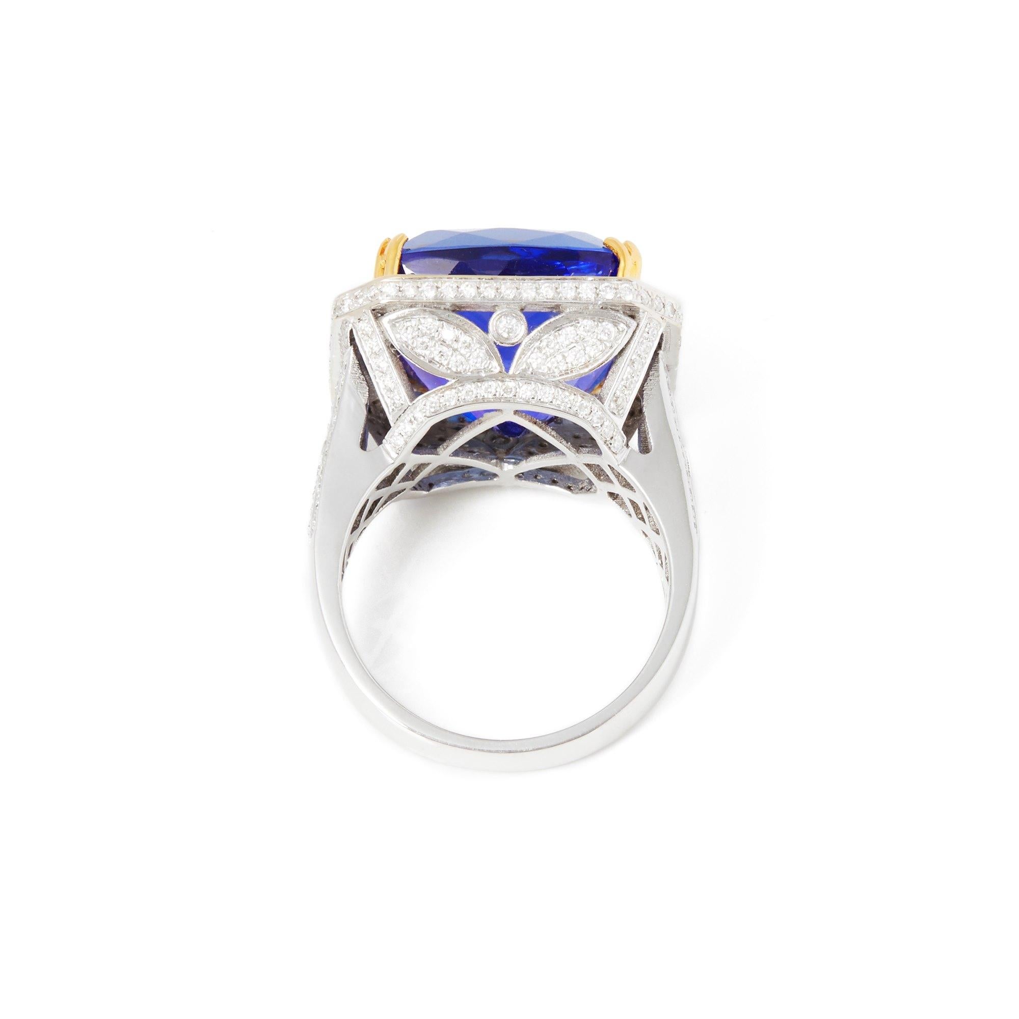Contemporary Certified 15.2ct Cushion Cut Tanzanite and Diamond 18ct gold Ring For Sale