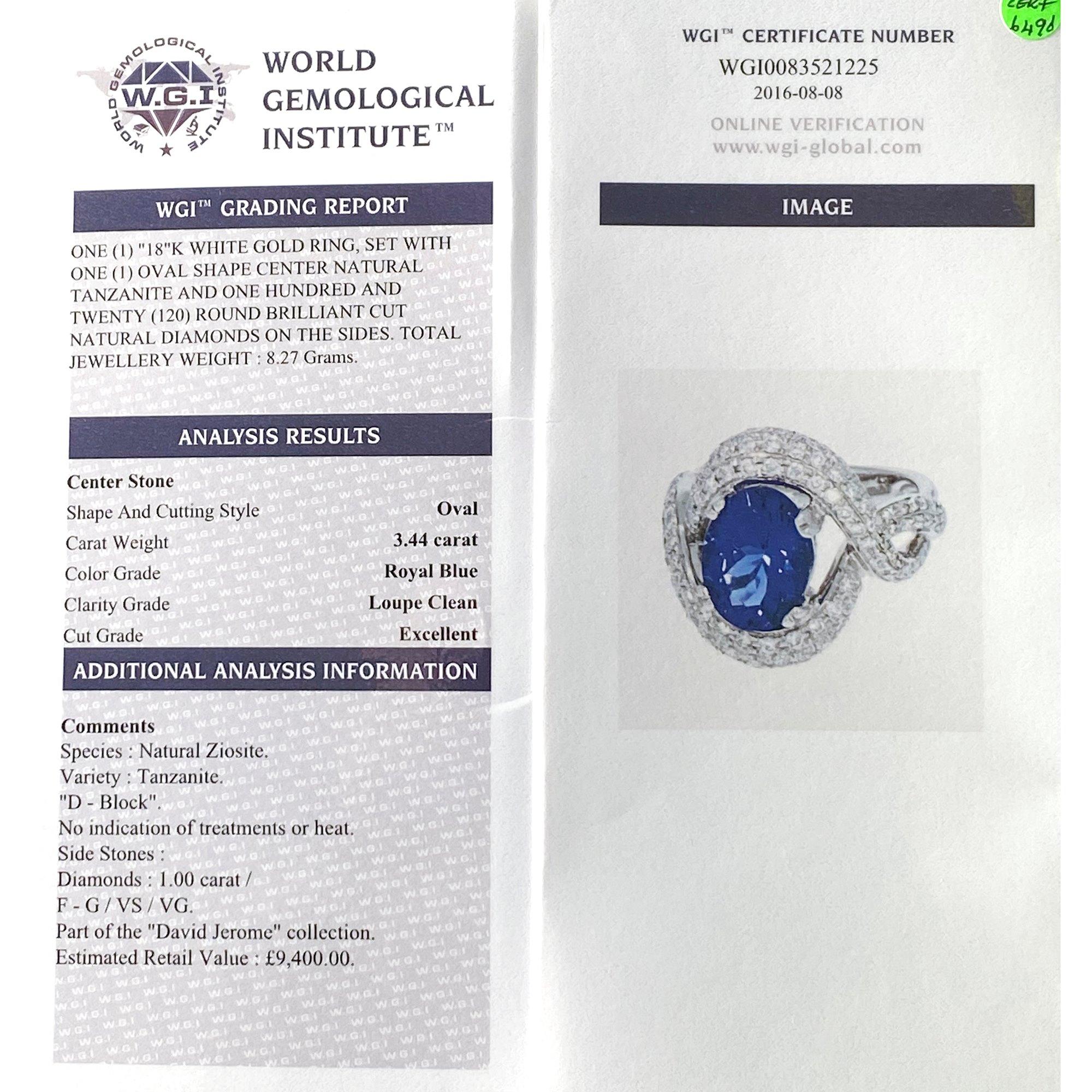 Women's Certified 3.44ct Tanzanite and Diamond 18ct gold Ring For Sale