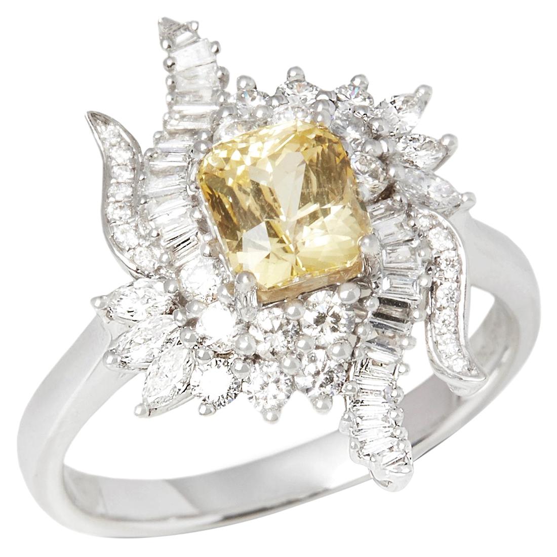 Zertifizierter 1,57 Karat Achteckschliff unerhitzter gelber Saphir und Diamant 18 Karat Gold Ring