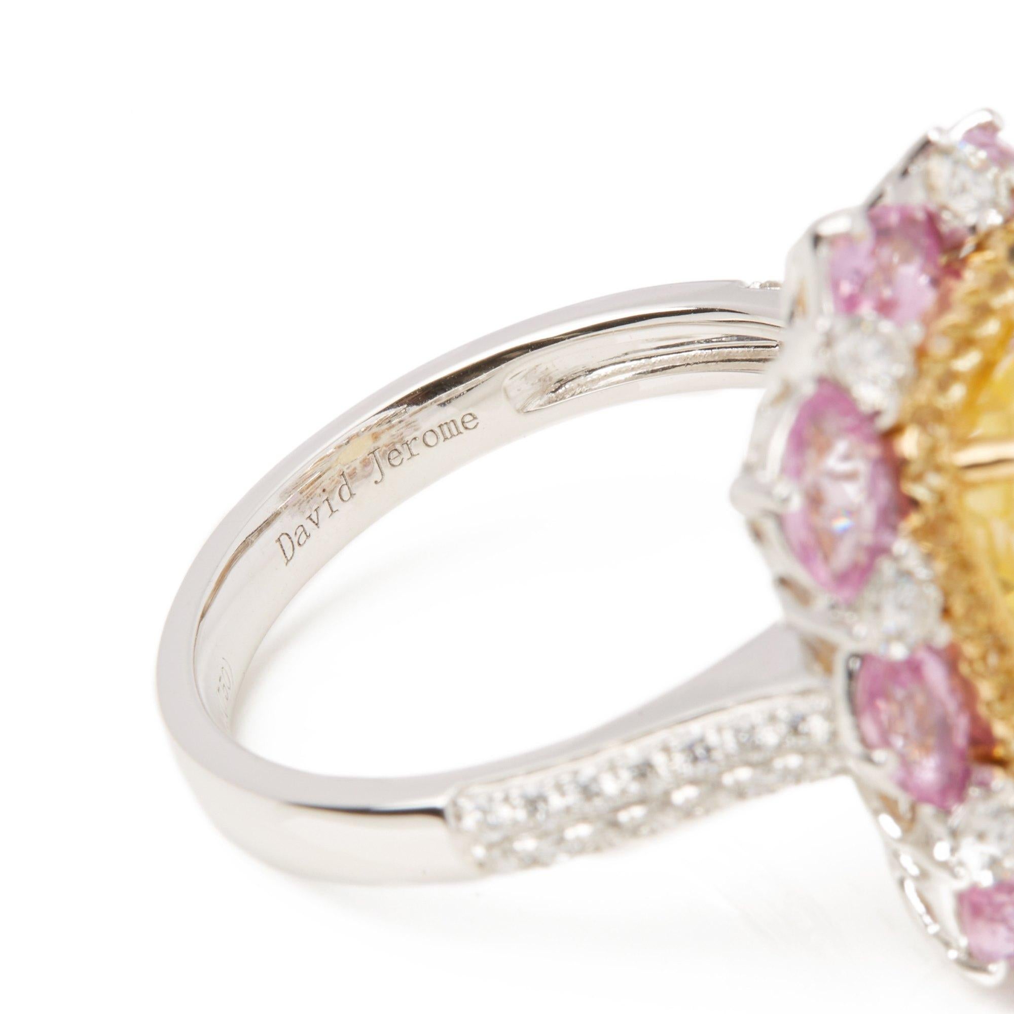 Contemporary 18ct White Gold Yellow Sapphire, Diamond and Pink Sapphire Cluster Ring For Sale