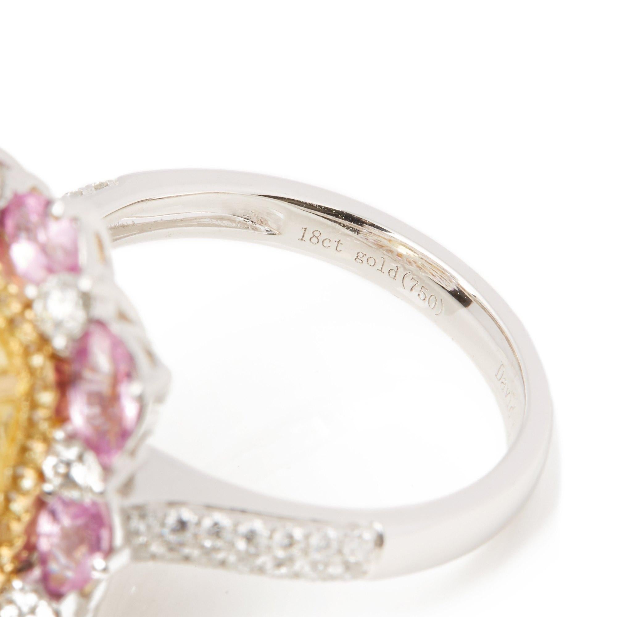 Cushion Cut 18ct White Gold Yellow Sapphire, Diamond and Pink Sapphire Cluster Ring For Sale