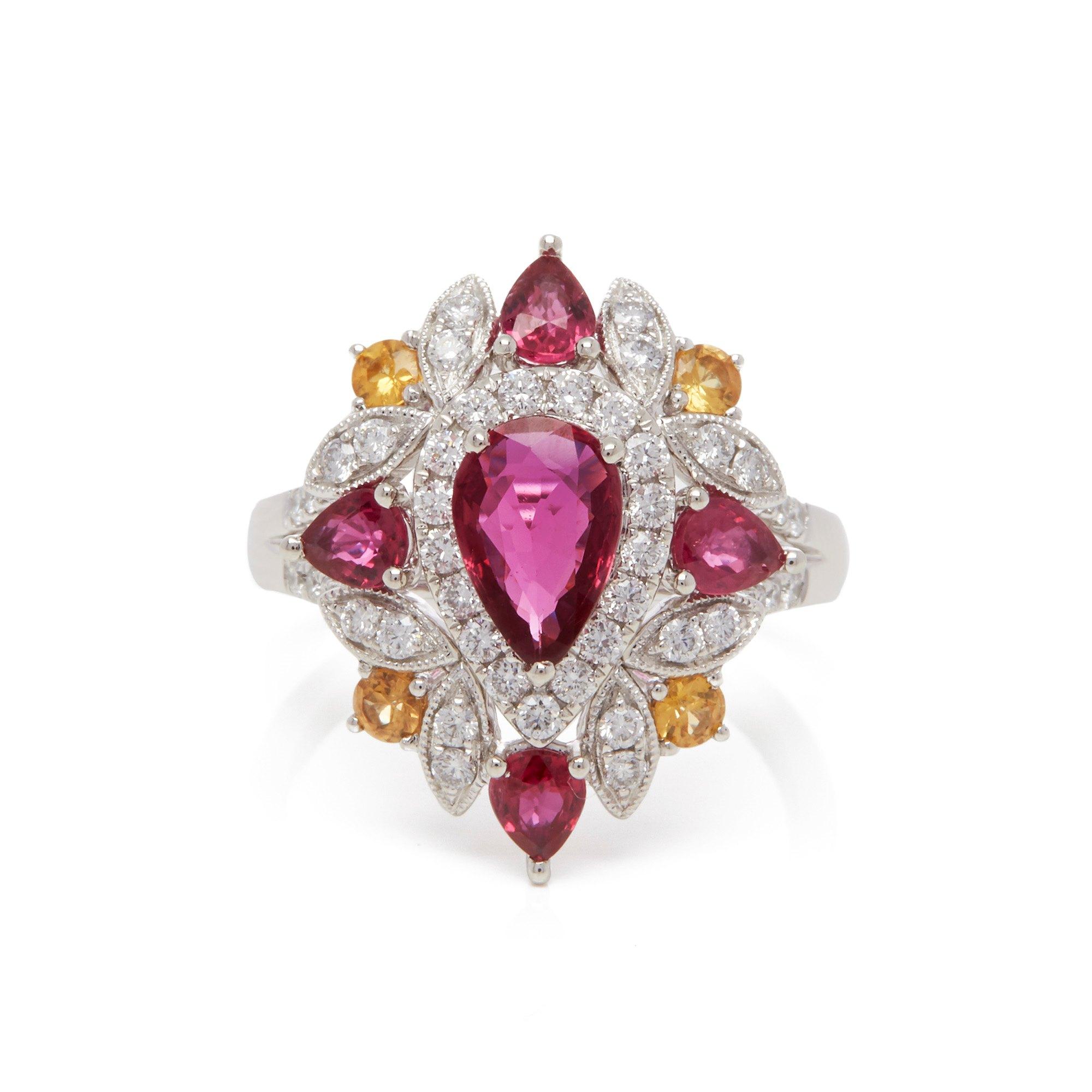 Pear Cut Platinum Ruby, Diamond and Yellow Sapphire Cluster Ring For Sale
