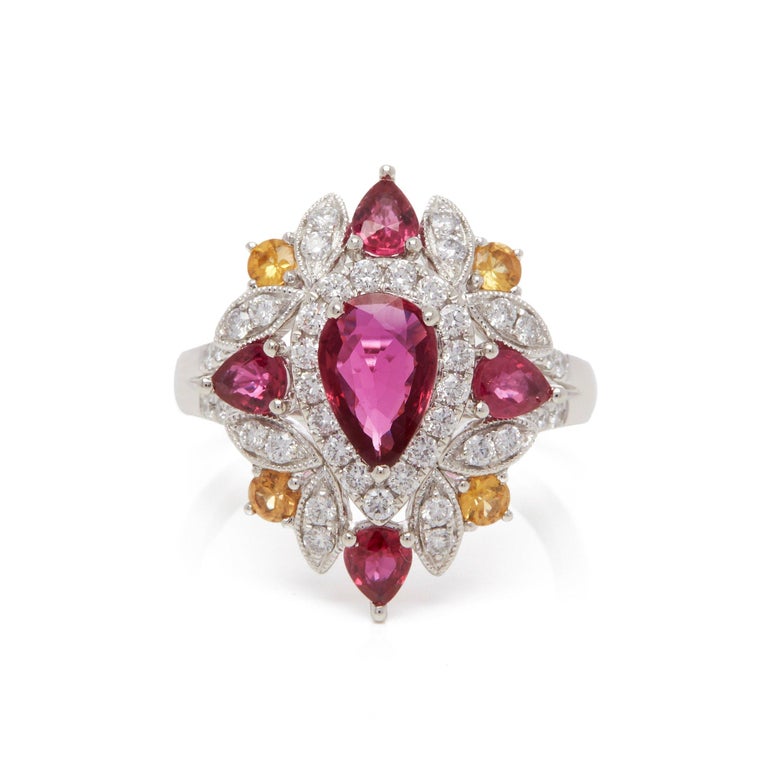 Platinum Ruby, Diamond and Yellow Sapphire Cluster Ring For Sale at ...