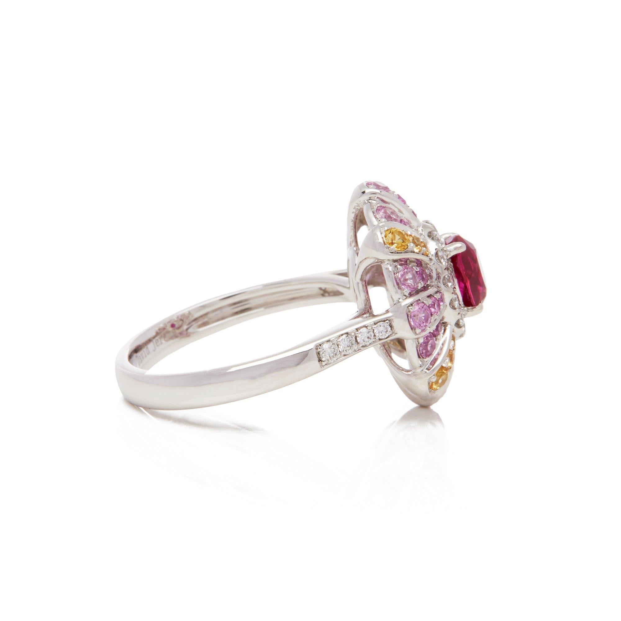 Contemporary Platinum Ruby, Diamond, Pink and Yellow Sapphire Cluster Ring For Sale