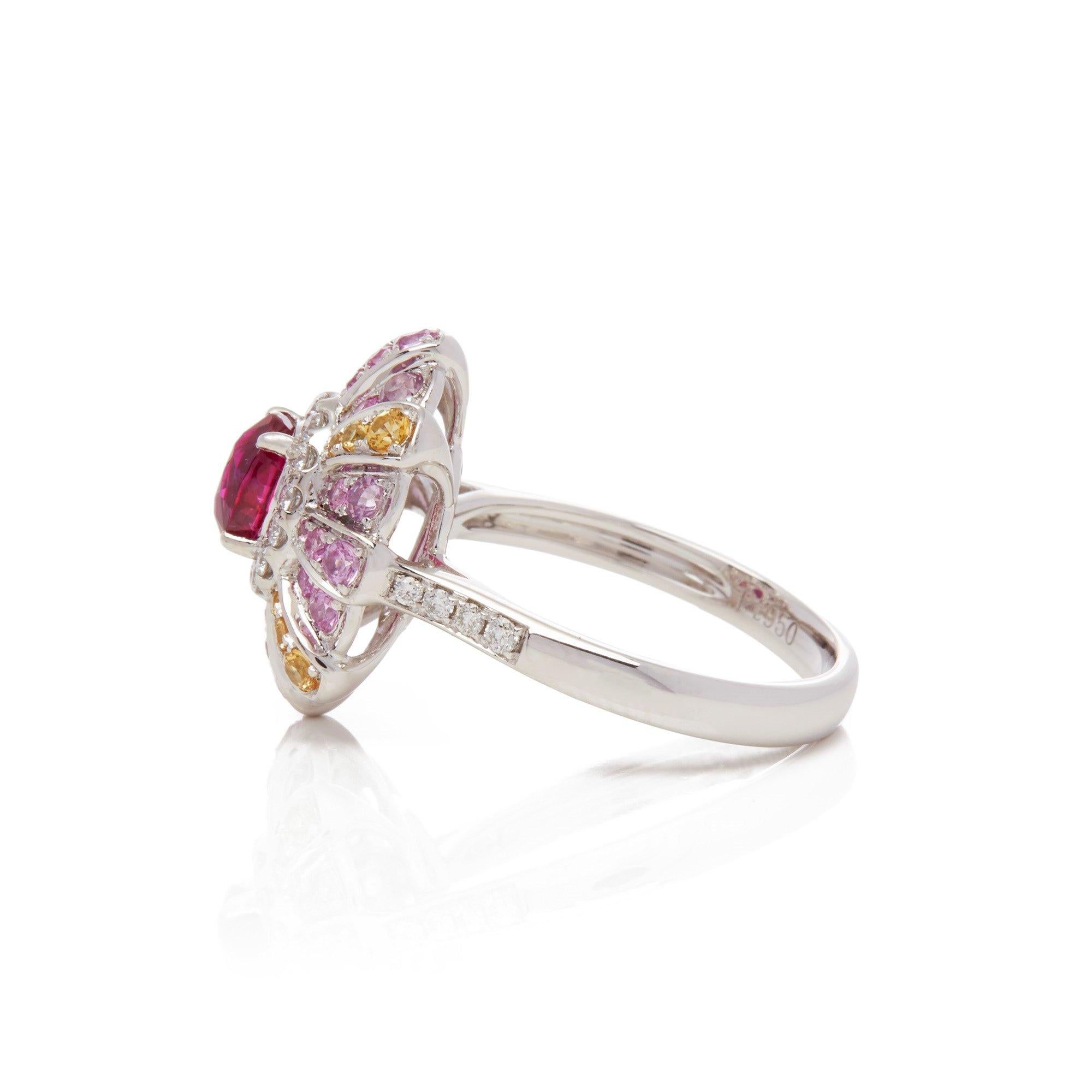 Oval Cut Platinum Ruby, Diamond, Pink and Yellow Sapphire Cluster Ring For Sale