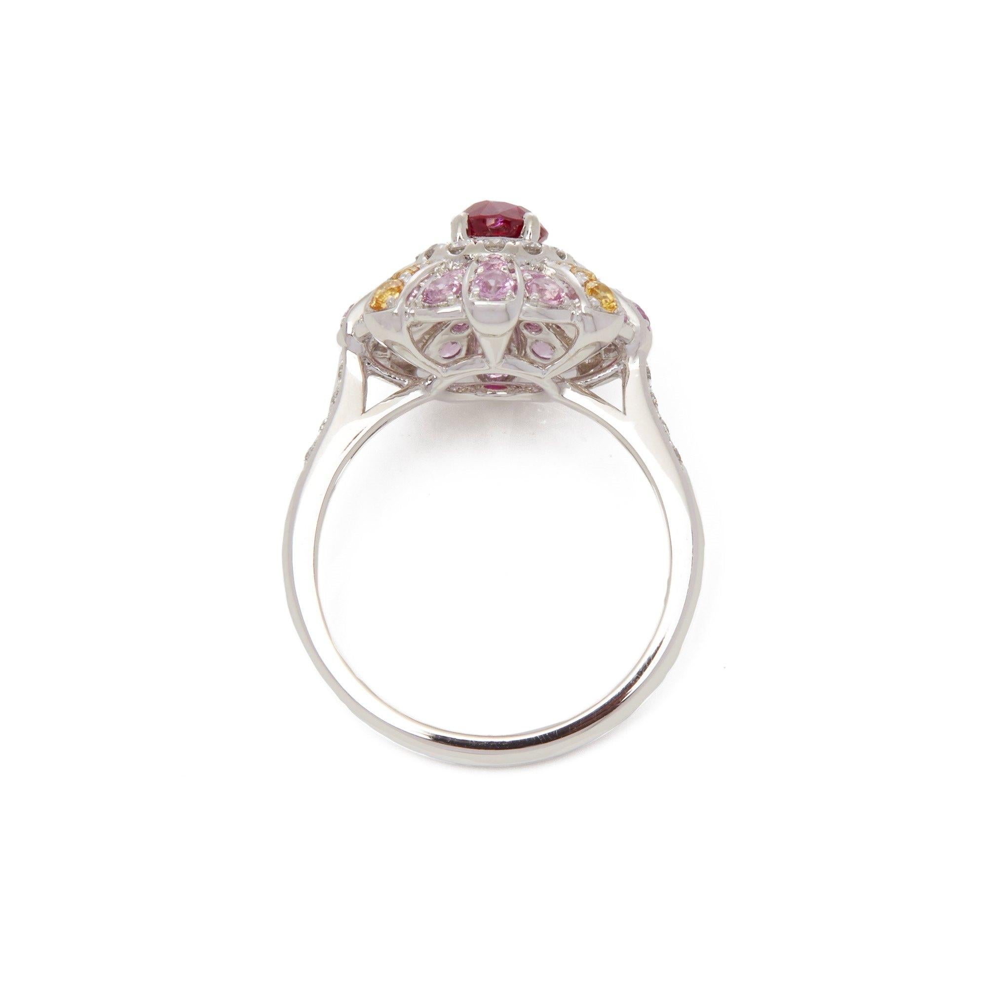 Platinum Ruby, Diamond, Pink and Yellow Sapphire Cluster Ring In New Condition For Sale In Bishop's Stortford, Hertfordshire