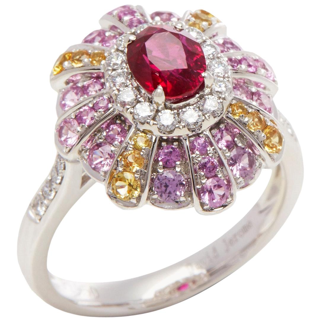 Platinum Ruby, Diamond, Pink and Yellow Sapphire Cluster Ring For Sale