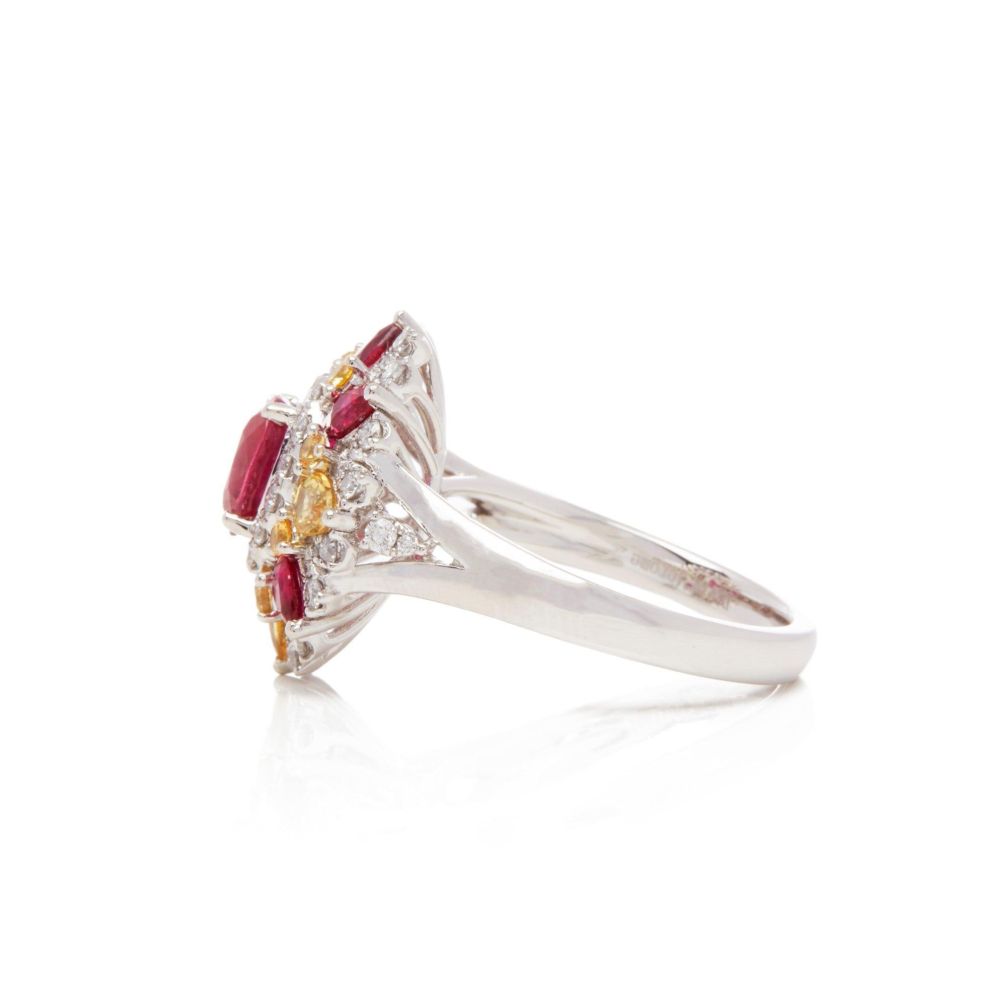 Contemporary Platinum Ruby, Diamond and Yellow Sapphire Cluster Ring For Sale