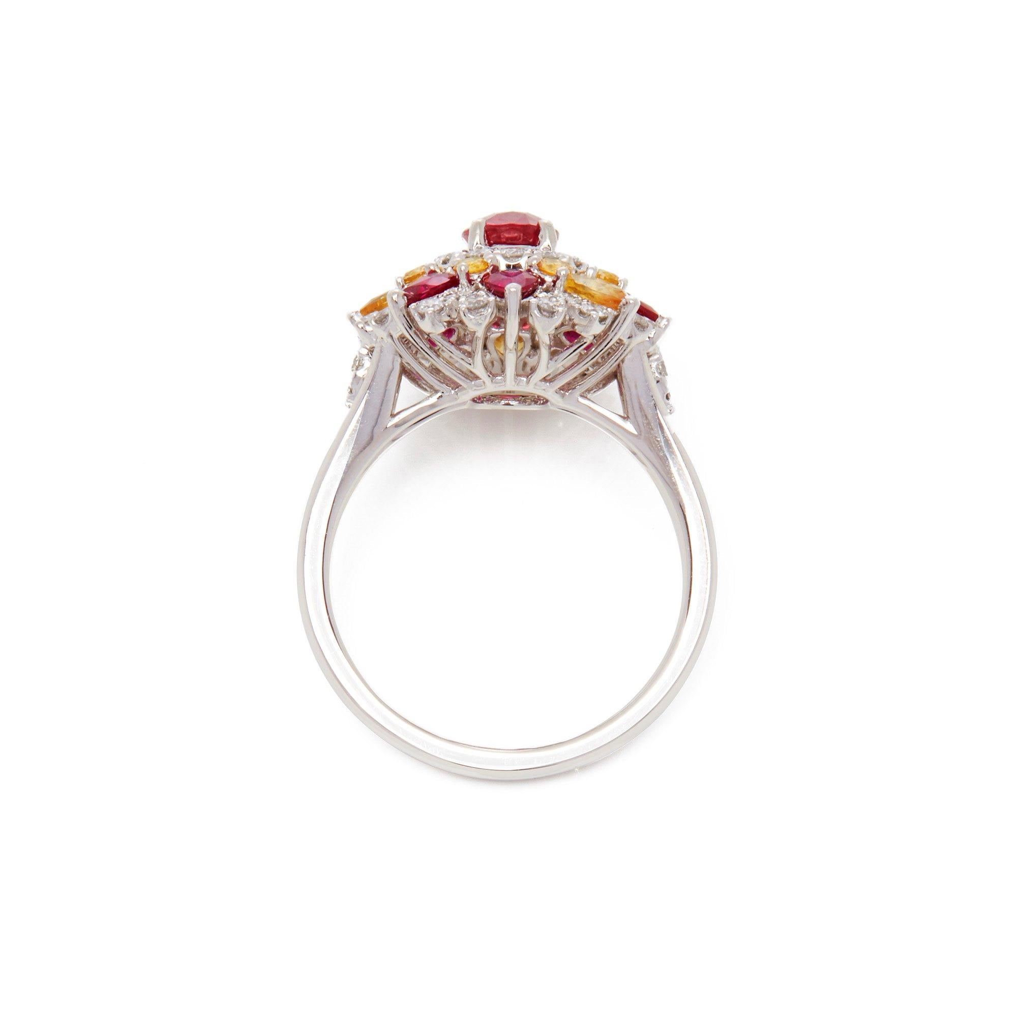 Oval Cut Platinum Ruby, Diamond and Yellow Sapphire Cluster Ring For Sale