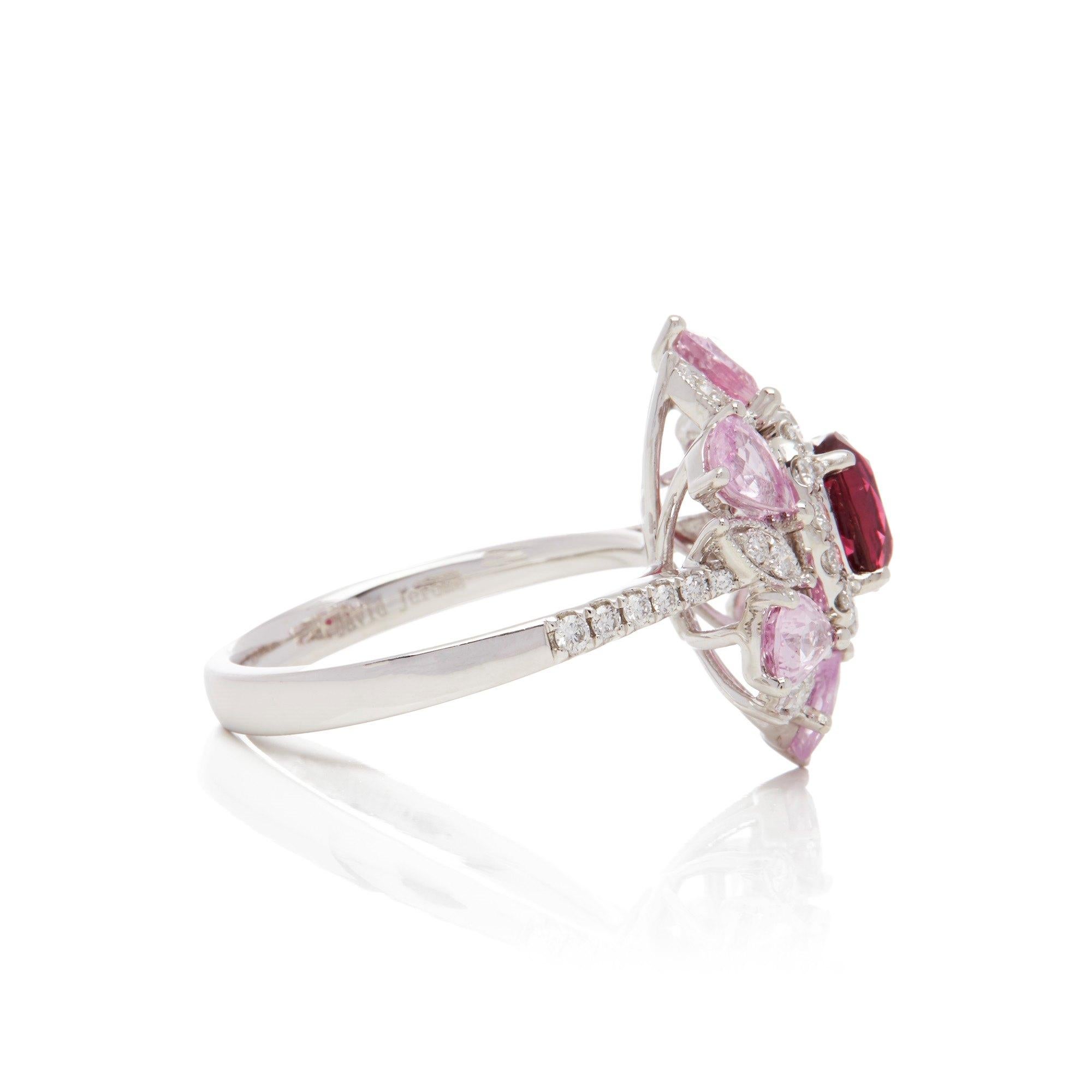 Contemporary Platinum Ruby, Diamond and Pink Sapphire Cluster Ring For Sale