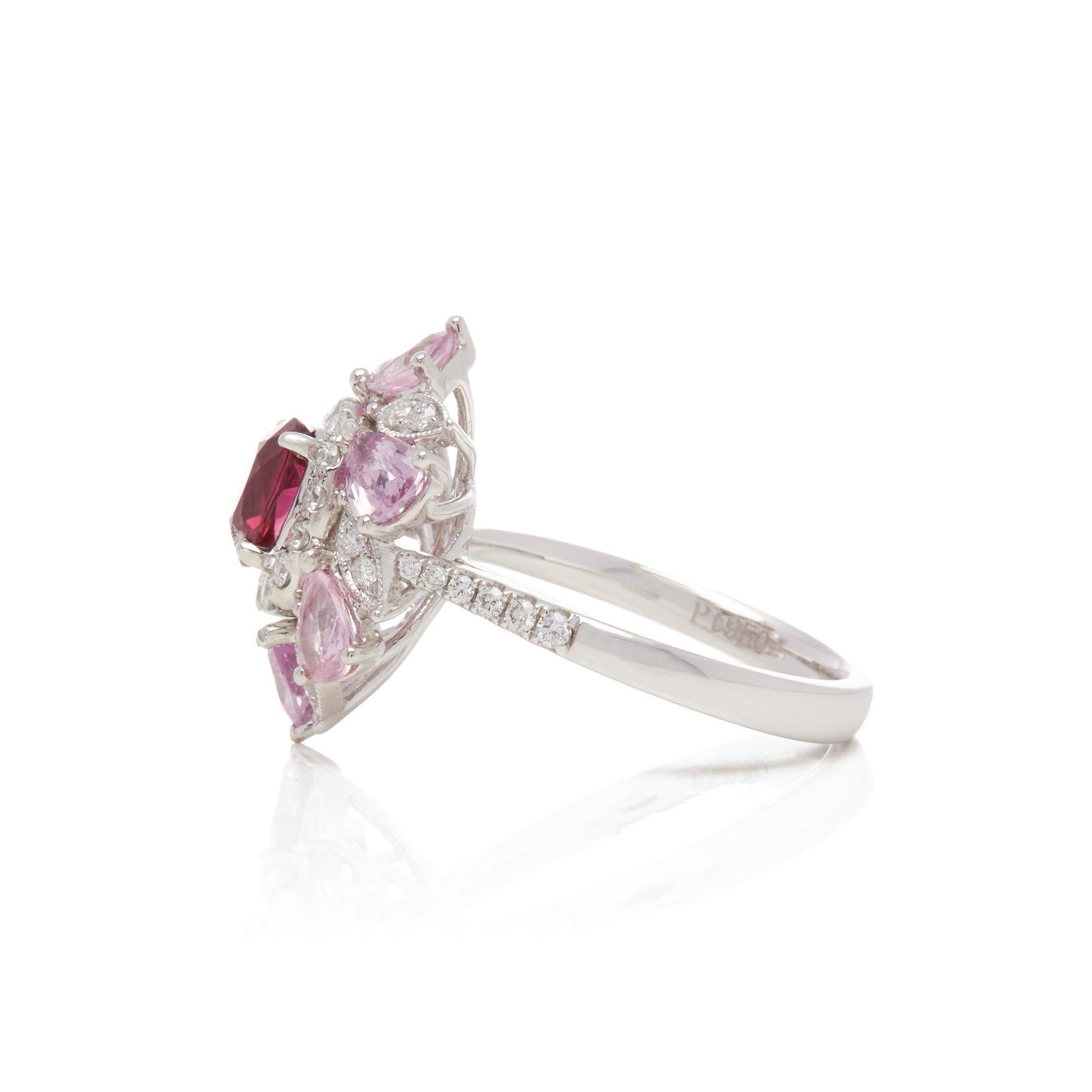 Oval Cut Platinum Ruby, Diamond and Pink Sapphire Cluster Ring For Sale