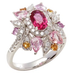 Platinum Ruby, Diamond and Mixed Sapphire Cluster Ring