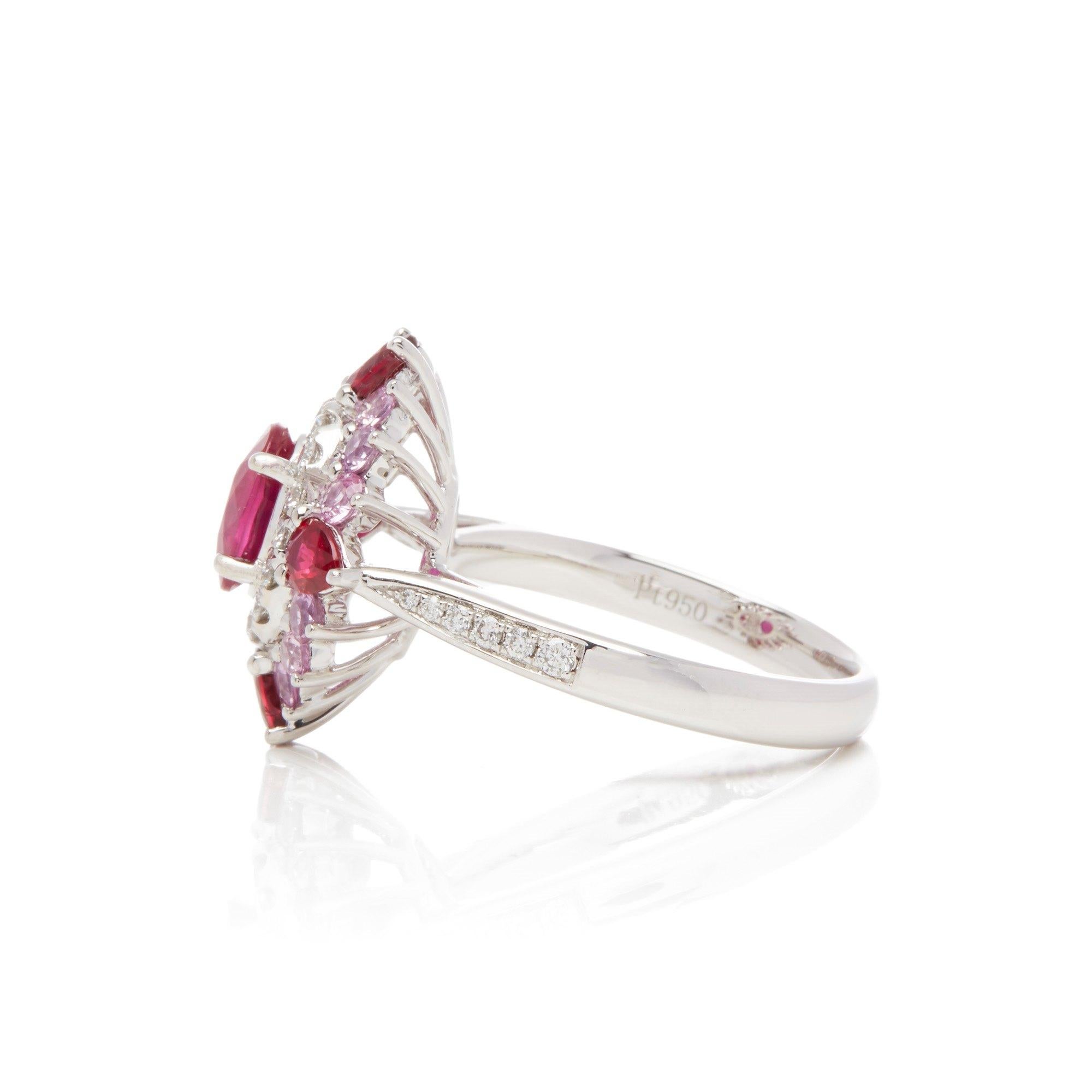 Contemporary Platinum Ruby, Diamond and Pink Sapphire Cluster Ring For Sale