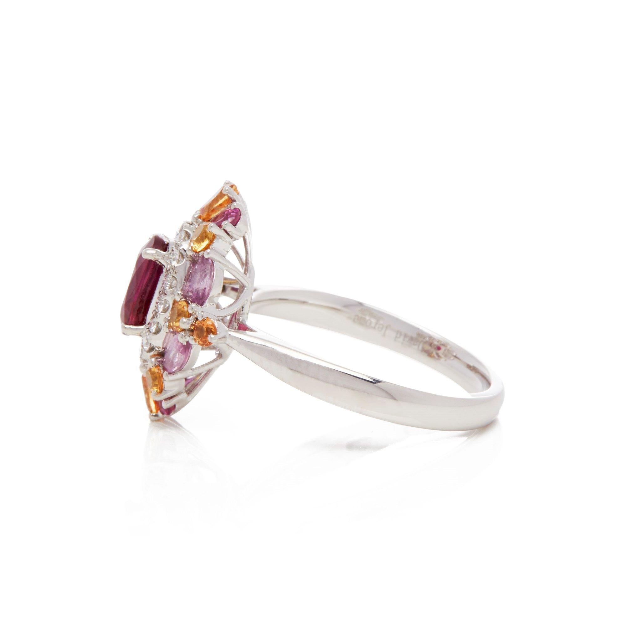 Contemporary Platinum Ruby, Diamond and Yellow Sapphire Cluster Ring For Sale