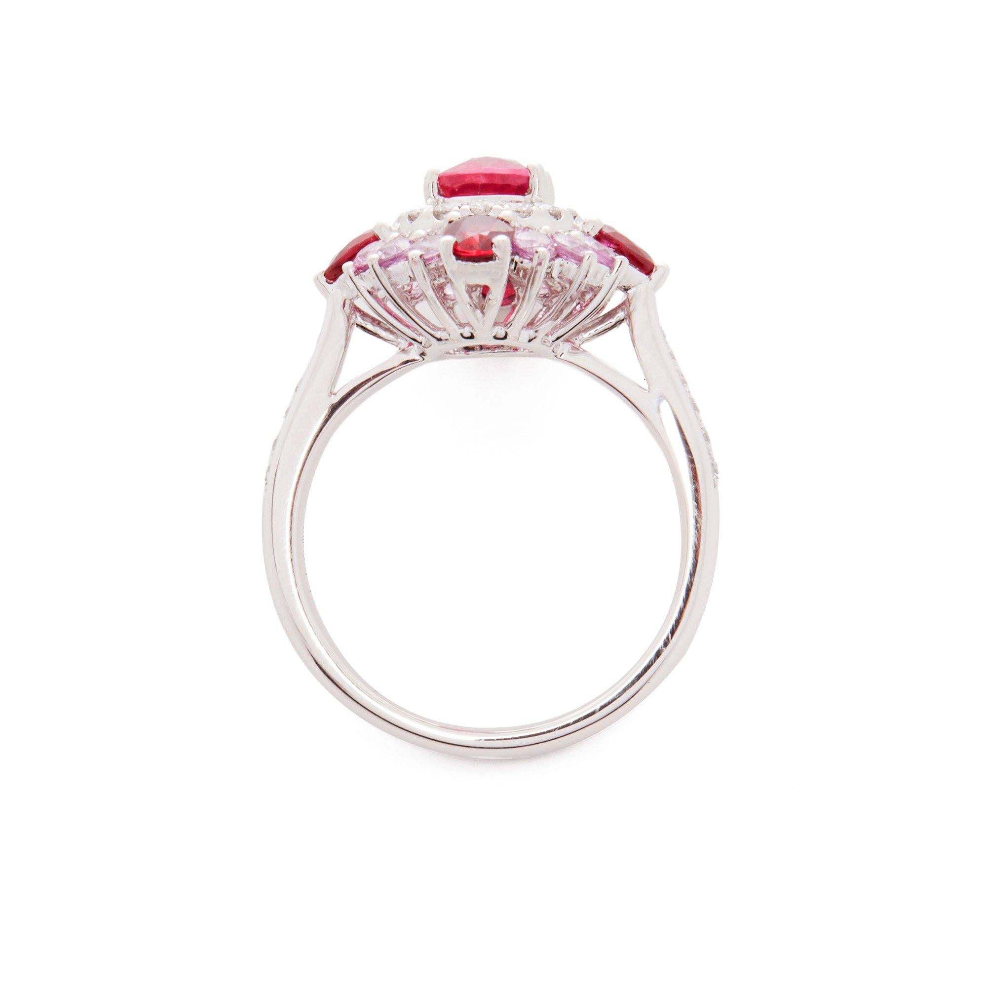 Platinum Ruby, Diamond and Pink Sapphire Cluster Ring In New Condition For Sale In Bishop's Stortford, Hertfordshire