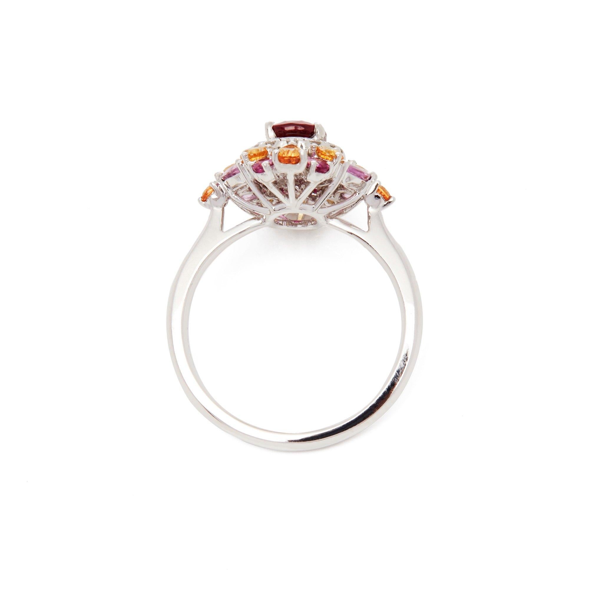 Oval Cut Platinum Ruby, Diamond and Yellow Sapphire Cluster Ring For Sale