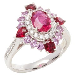 Platinum Ruby, Diamond and Pink Sapphire Cluster Ring