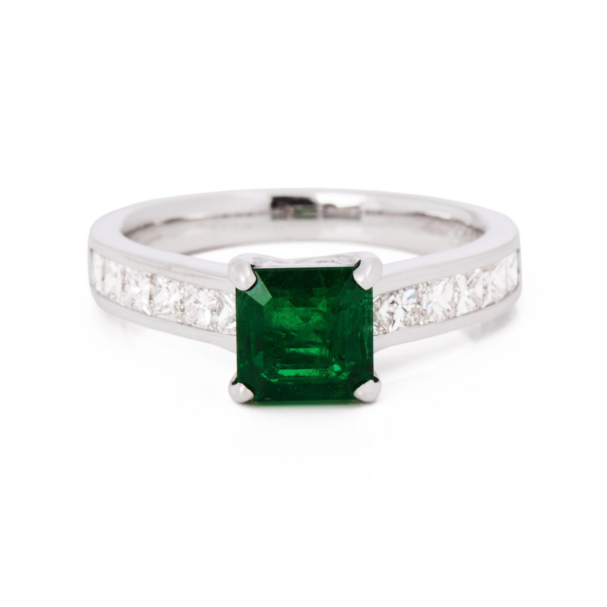 This ring is from the private collection of gemstone jewellery individually designed by David Jerome. It features a square cut untreated emerald sourced from Zambia set with diamonds. Accompanied by an IGR gem certificate. UK ring size K. EU ring