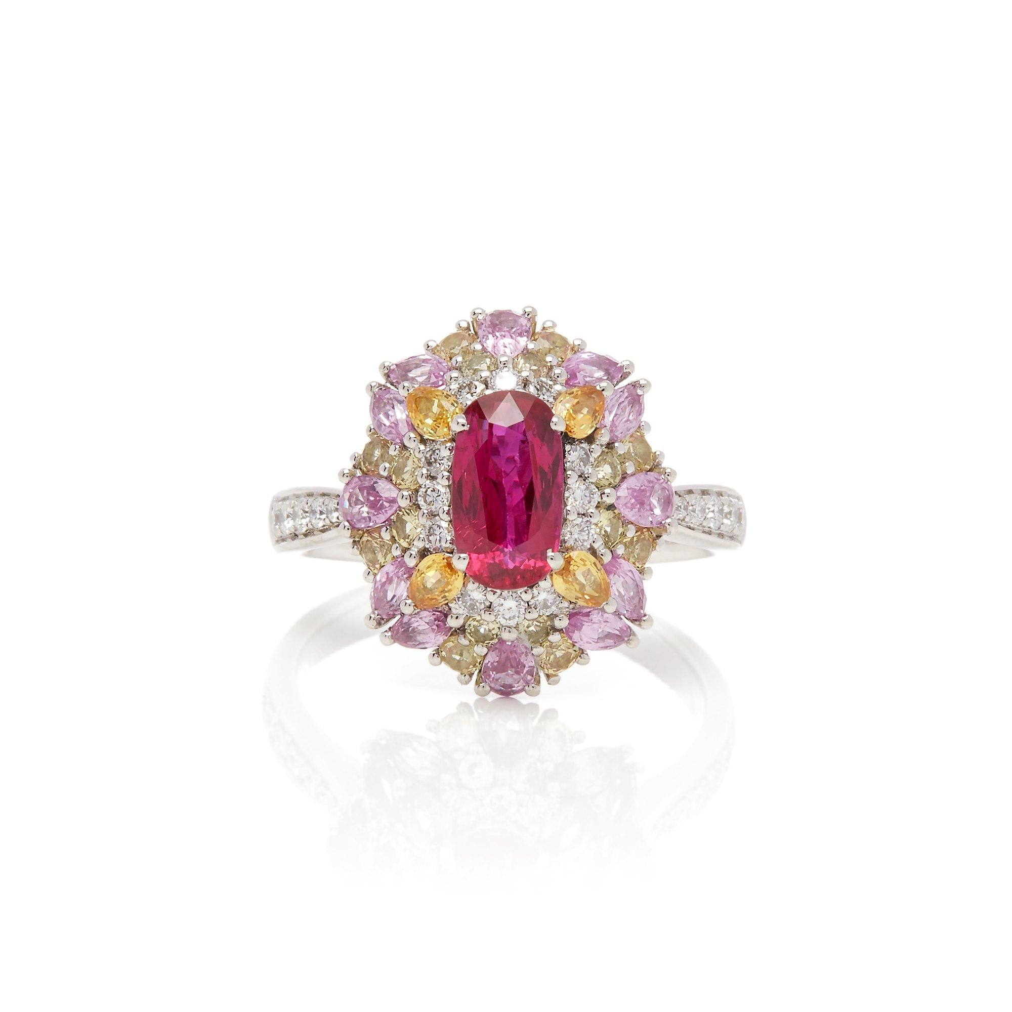 Platinum Ruby, Diamond, Pink and Yellow Sapphire Cluster Ring For Sale