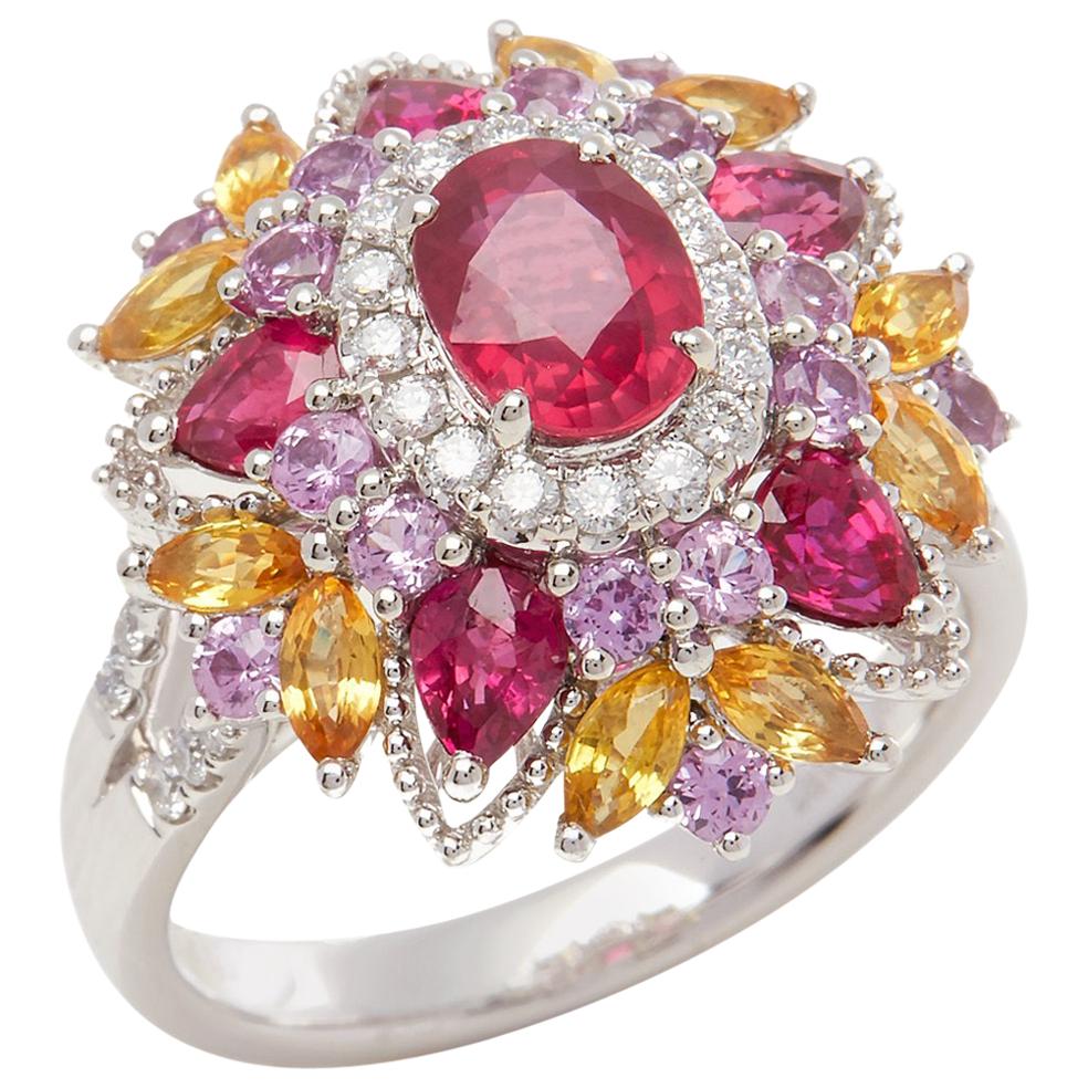 Platinum Ruby, Diamond, Pink and Yellow Sapphire Cluster Ring