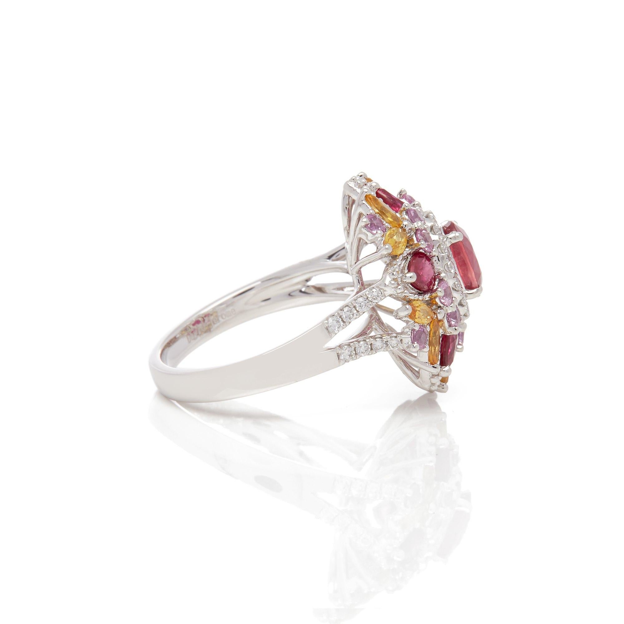 Contemporary Platinum Ruby, Diamond, Pink and Yellow Sapphire Cluster Ring For Sale